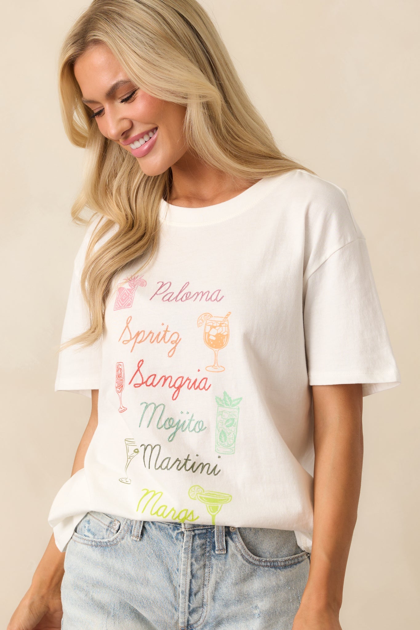 Z Supply Ivory Cotton Embroidered Cocktails Boyfriend Tee