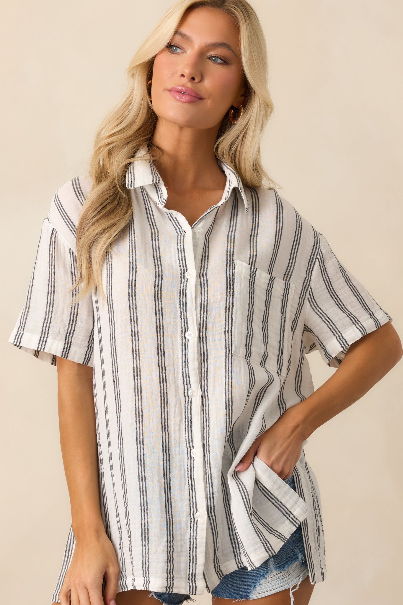 Z Supply White Cotton Seascape Stripe Gauze Shirt