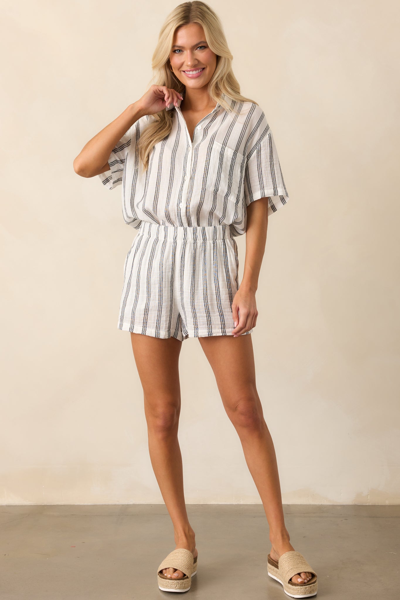 Z Supply White Cotton Beach Bum Stripe Gauze Shorts