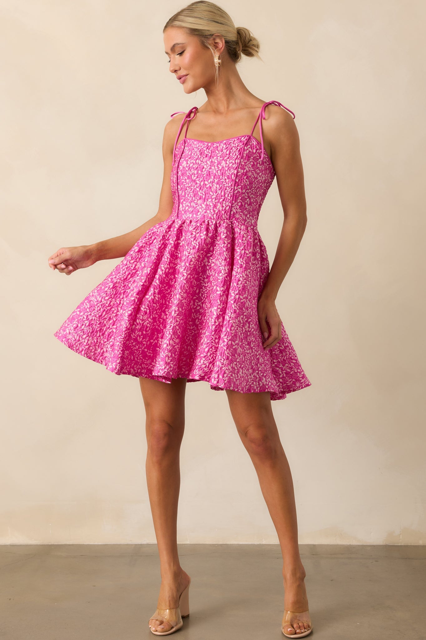 Steal The Scene Fuchsia Pink Floral Jacquard Mini Dress
