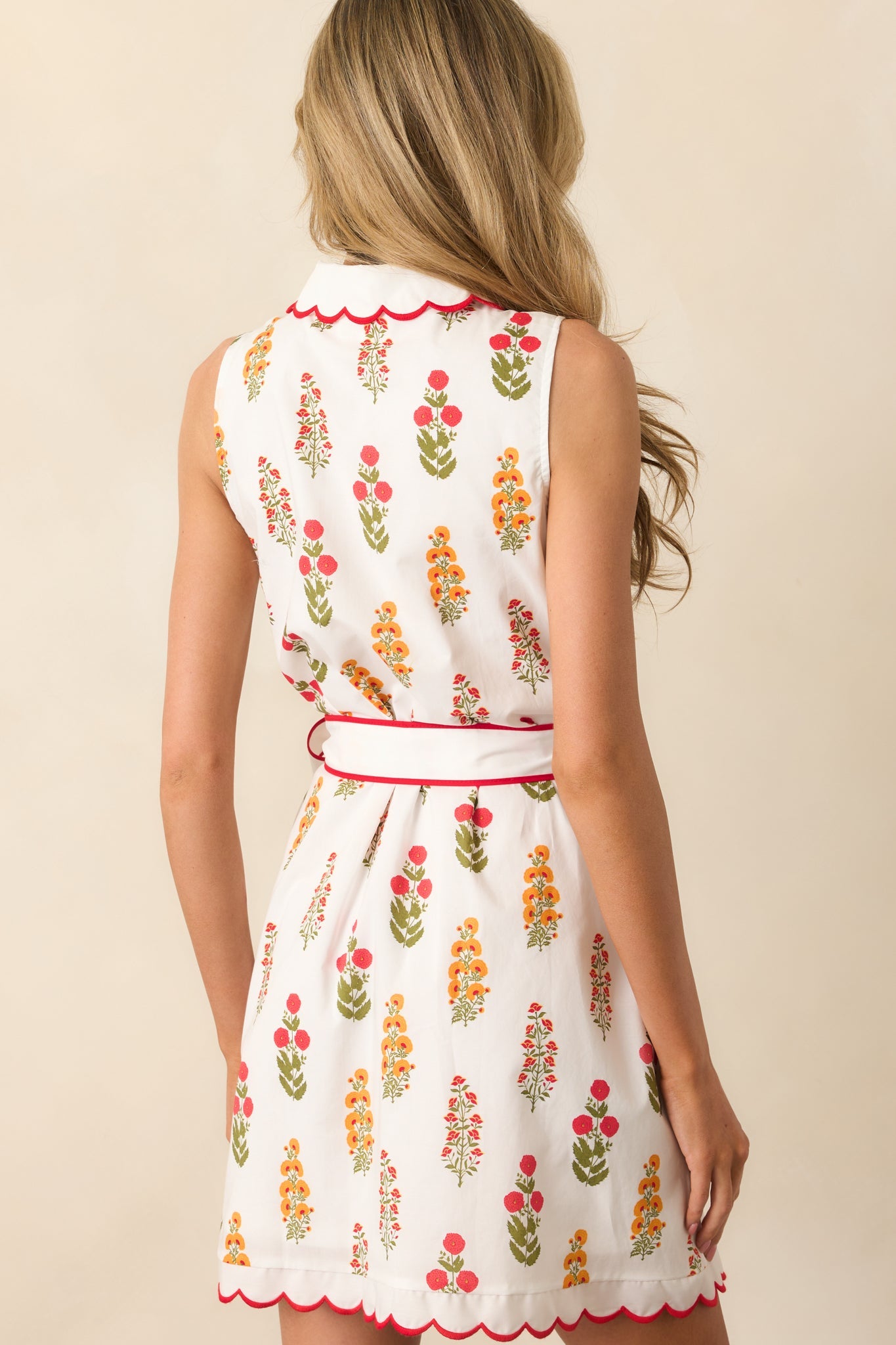 Chic By Nature Red Floral Cotton Scallop Hem Mini Shirt Dress