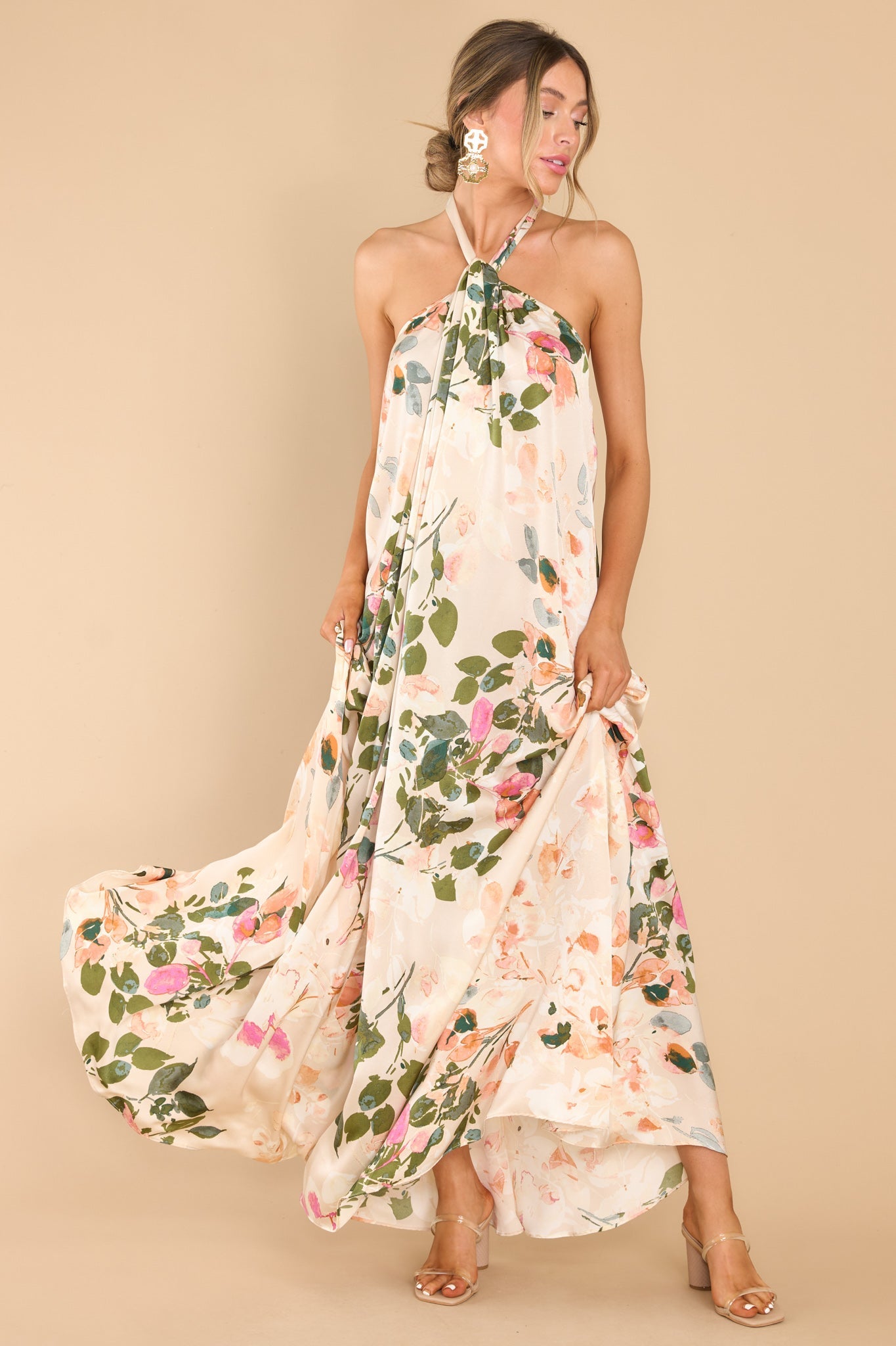 Dainty Love Tan Floral Print Maxi Dress