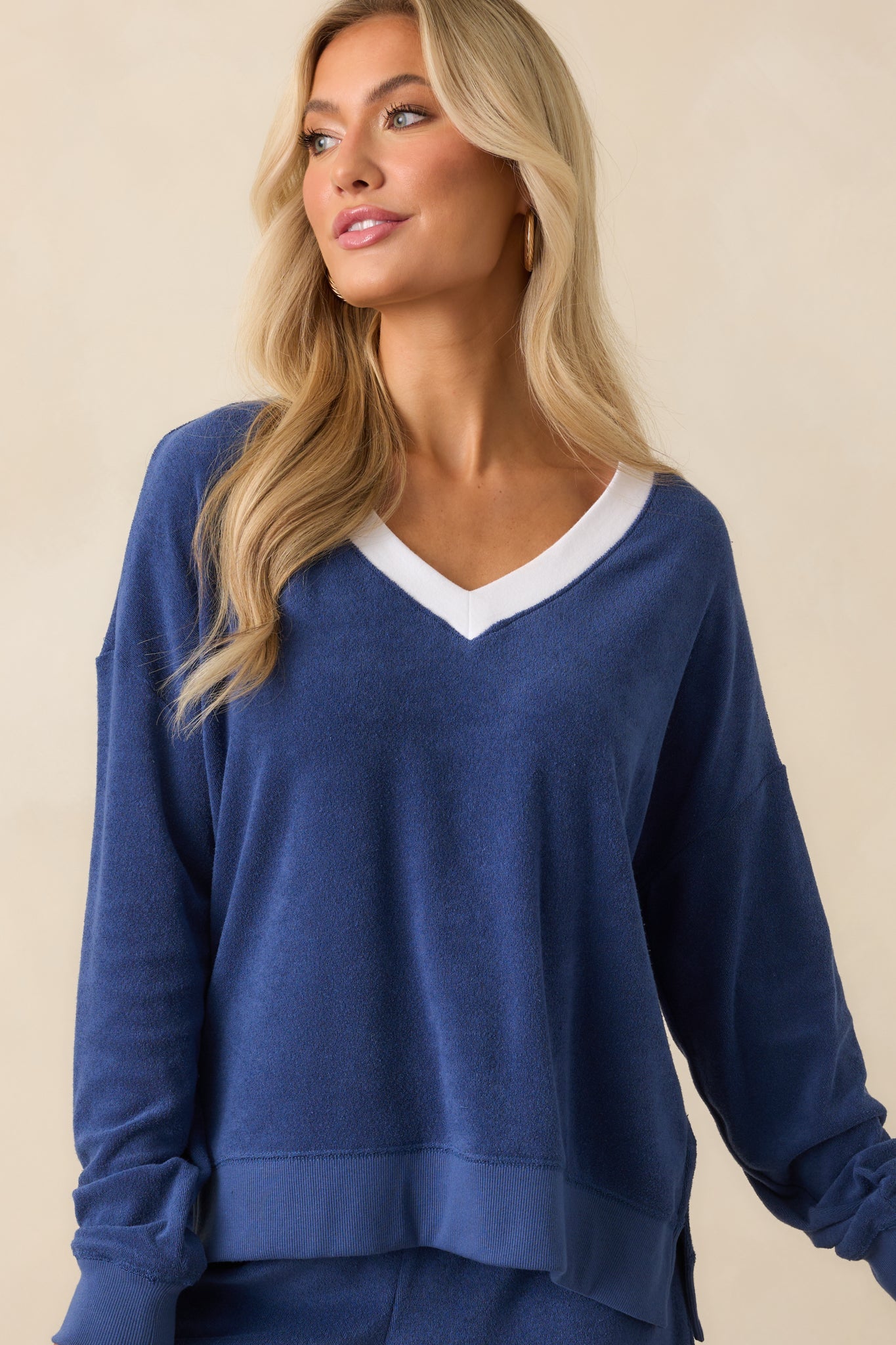 Z Supply Navy Cotton Marx V-Neck Terry Sweatshirt