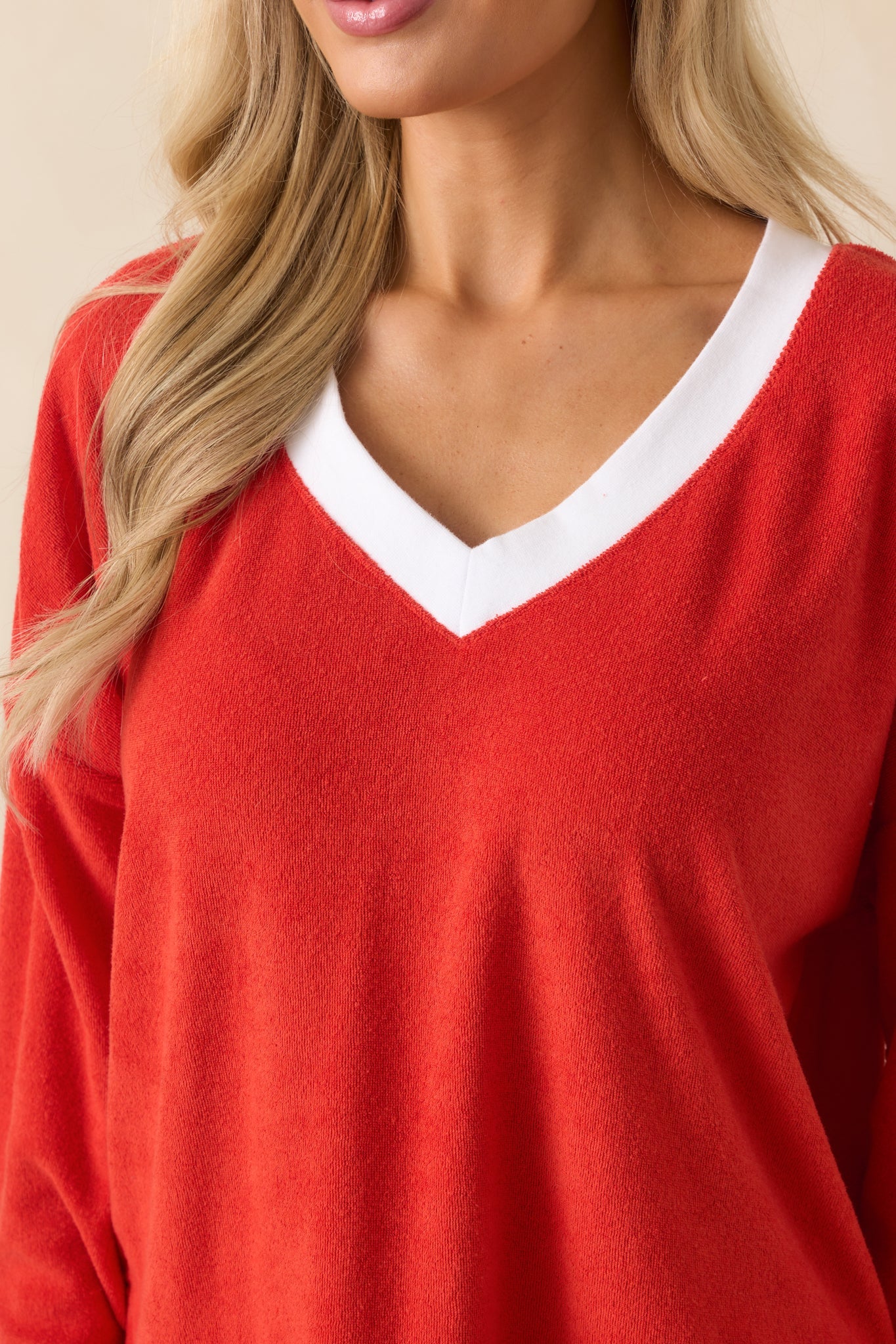 Z Supply Red Cotton Marx V-Neck Terry Sweatshirt