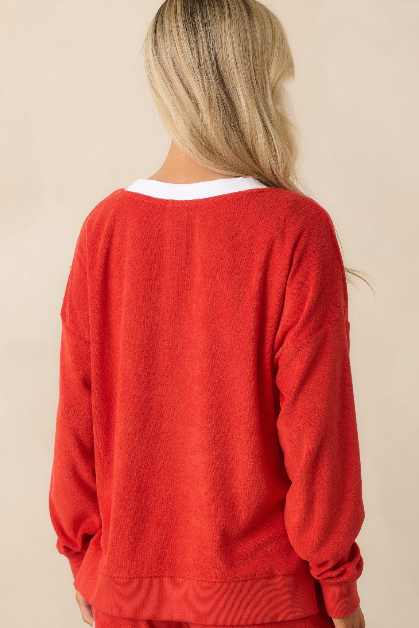 Z Supply Red Cotton Marx V-Neck Terry Sweatshirt