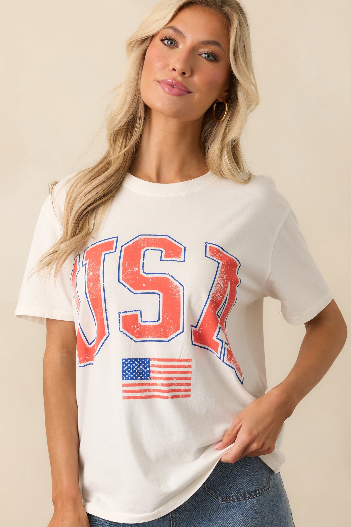 Z Supply Ivory Cotton USA Flag Boyfriend Tee