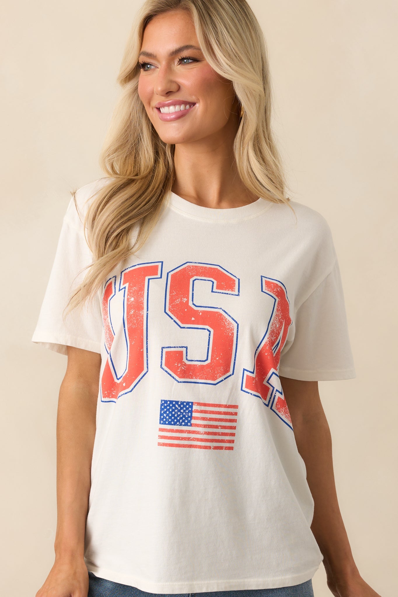 Z Supply Ivory Cotton USA Flag Boyfriend Tee