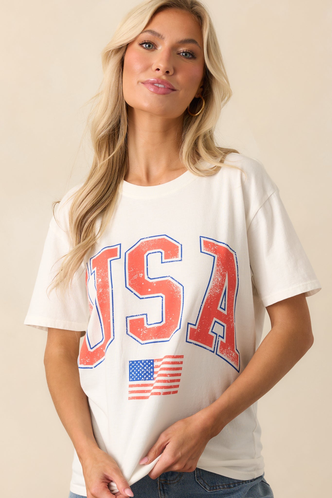 Z Supply Ivory Cotton USA Flag Boyfriend Tee
