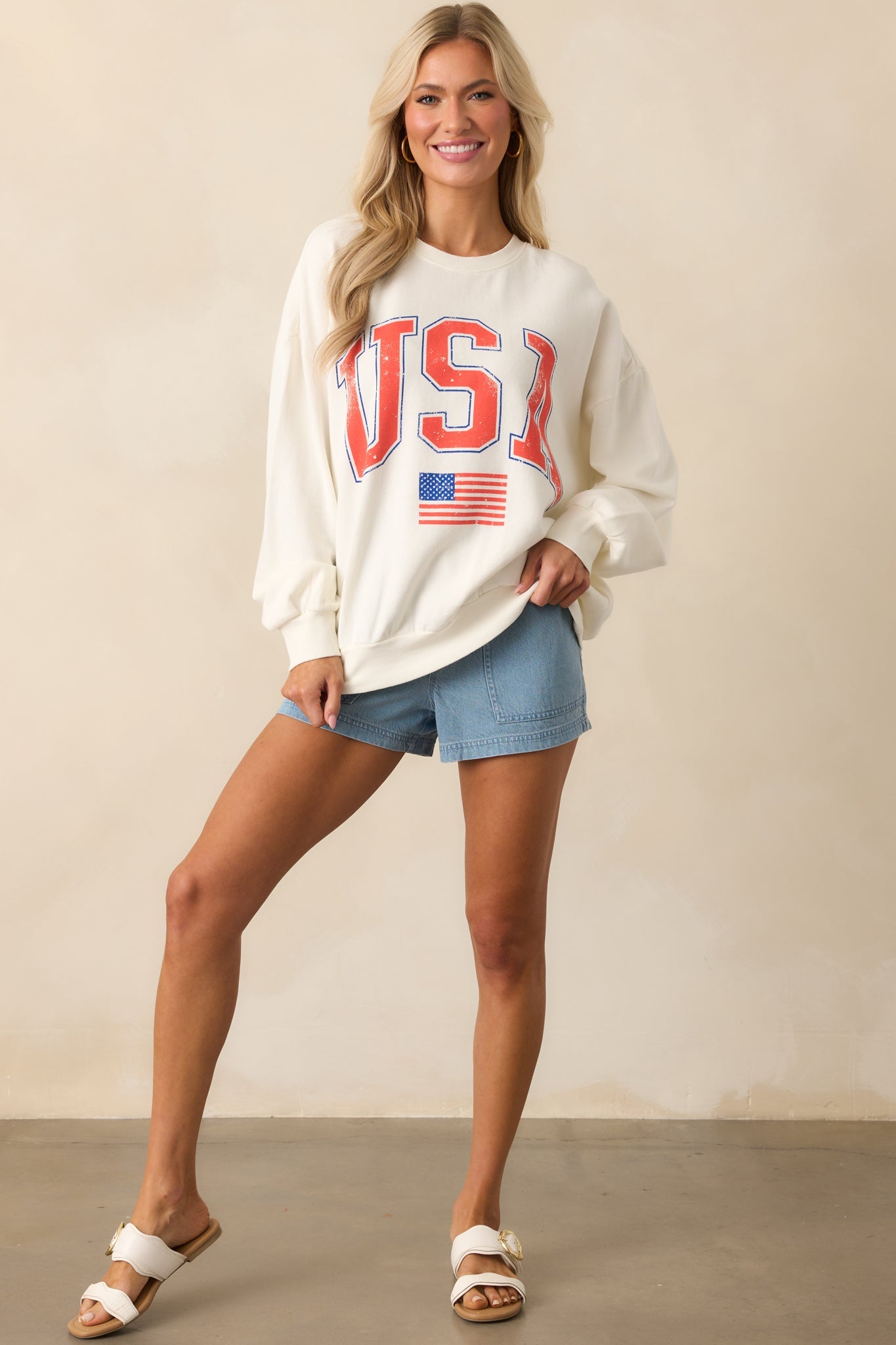 Z Supply Ivory Cotton USA Flag Sunday Sweatshirt