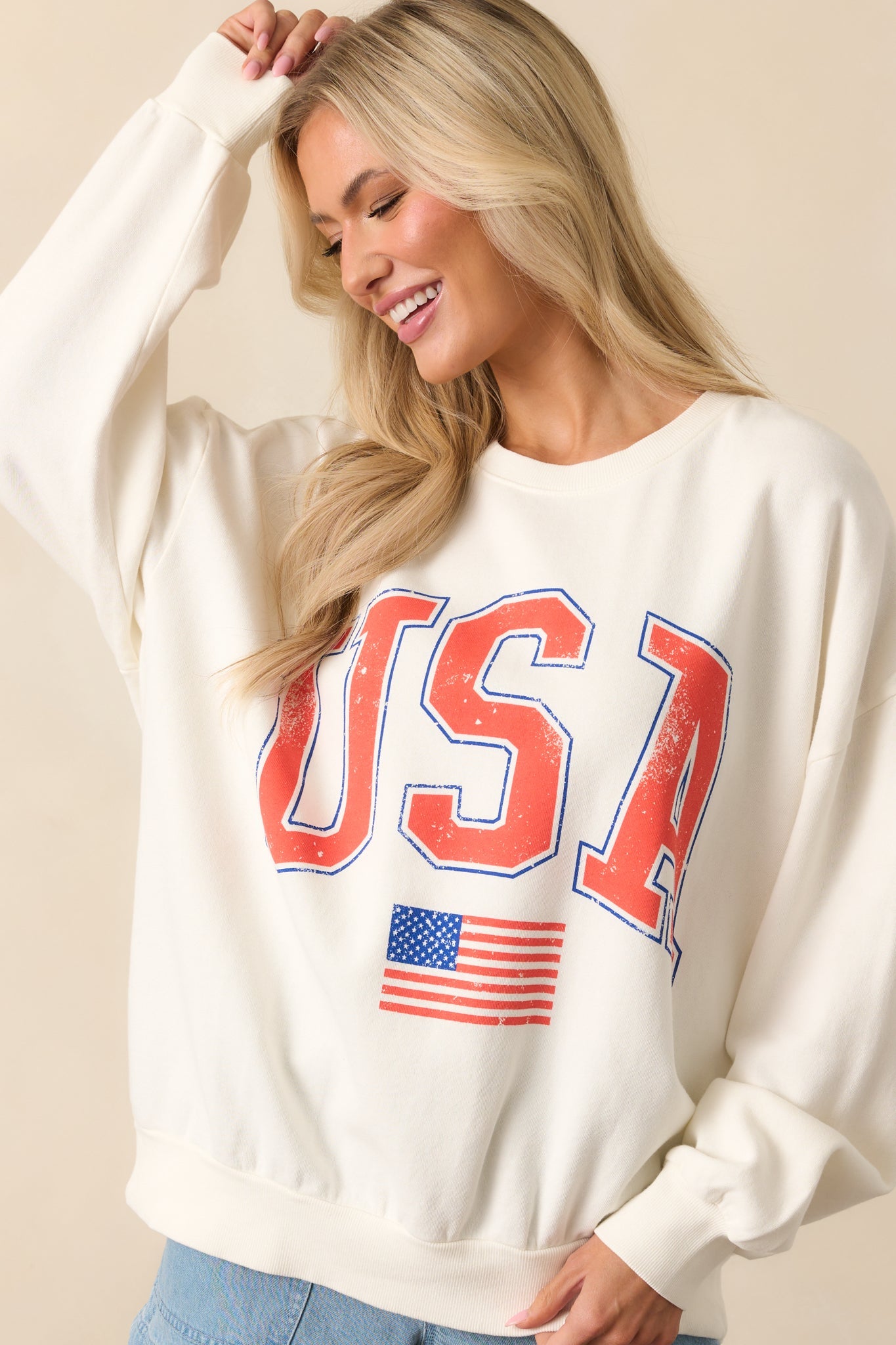 Z Supply Ivory Cotton USA Flag Sunday Sweatshirt