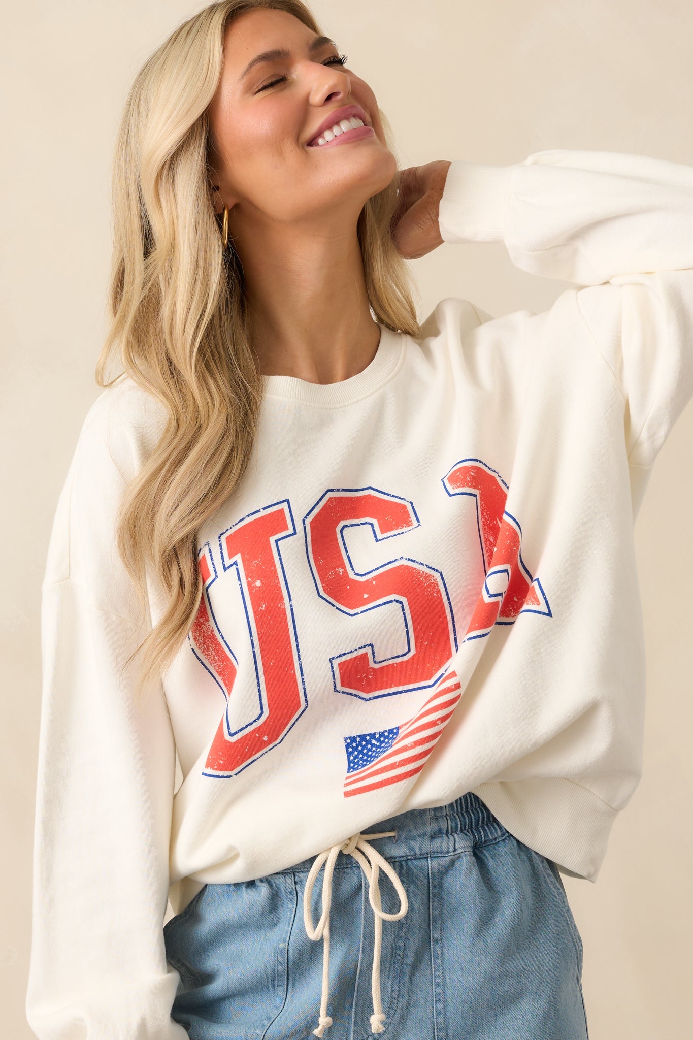 Z Supply Ivory Cotton USA Flag Sunday Sweatshirt