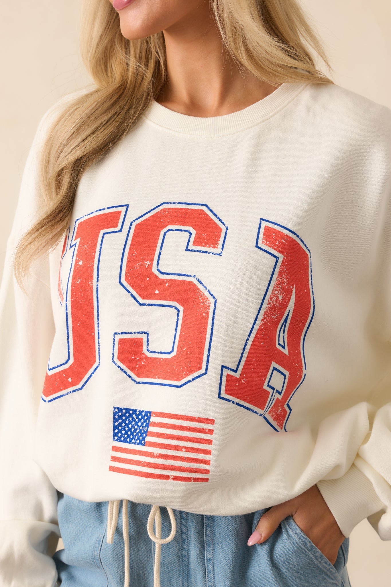 Z Supply Ivory Cotton USA Flag Sunday Sweatshirt