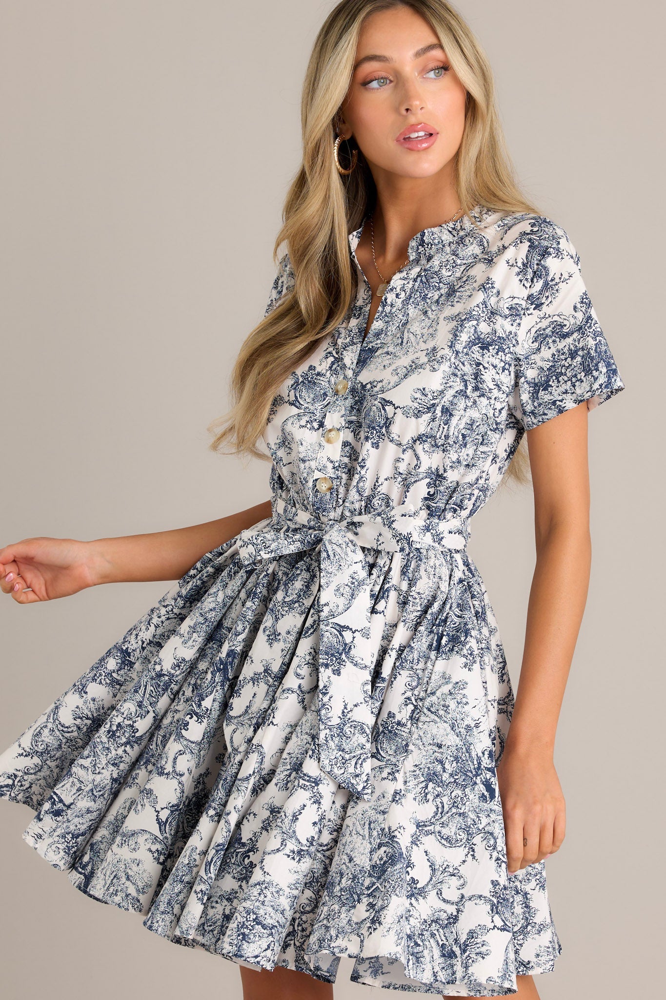 Coastal Vista 100% Cotton Navy Toile Mini Dress