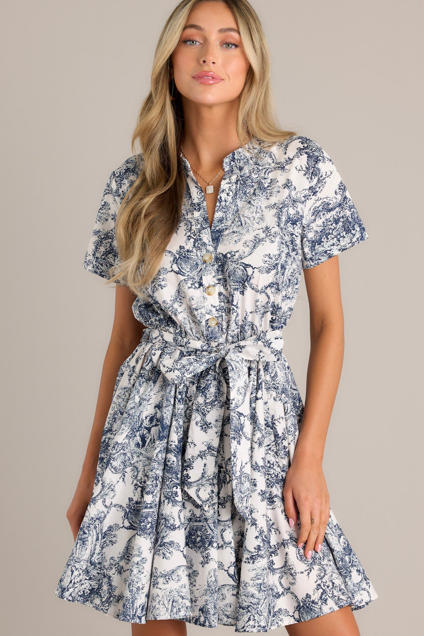 Coastal Vista 100% Cotton Navy Toile Mini Dress