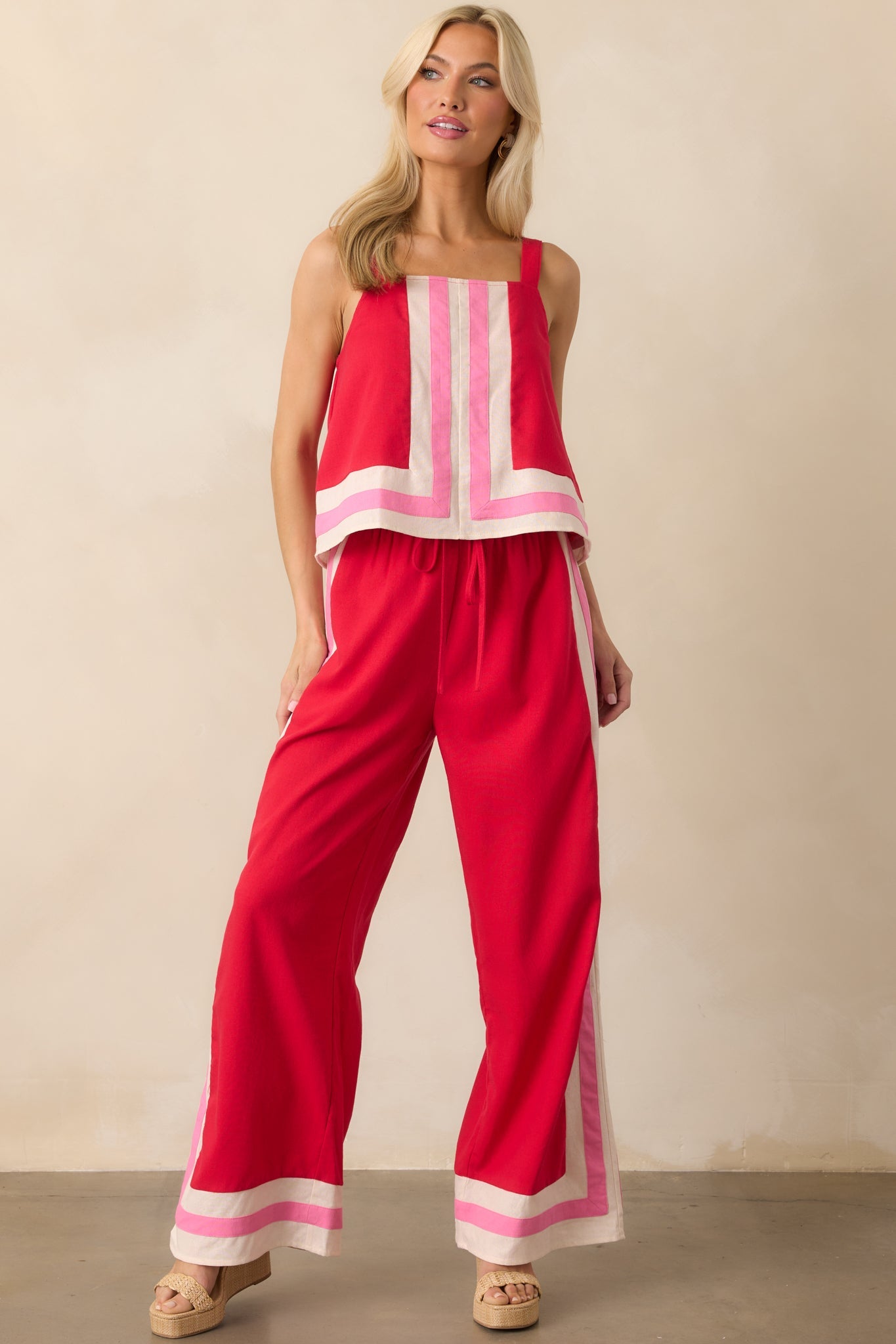 She Always Knows Red Contrast Trim Linen Blend Wide Leg Pants