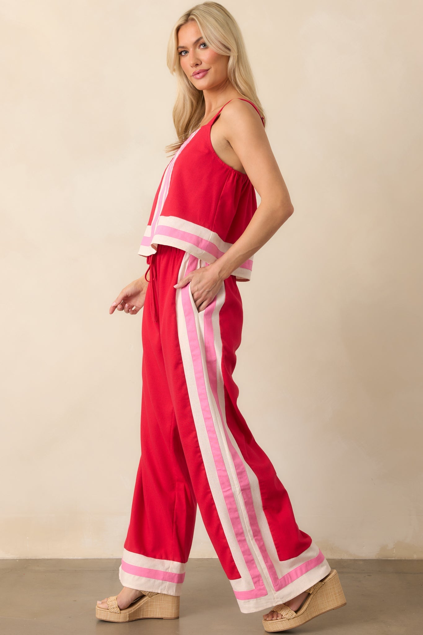 She Always Knows Red Contrast Trim Linen Blend Wide Leg Pants