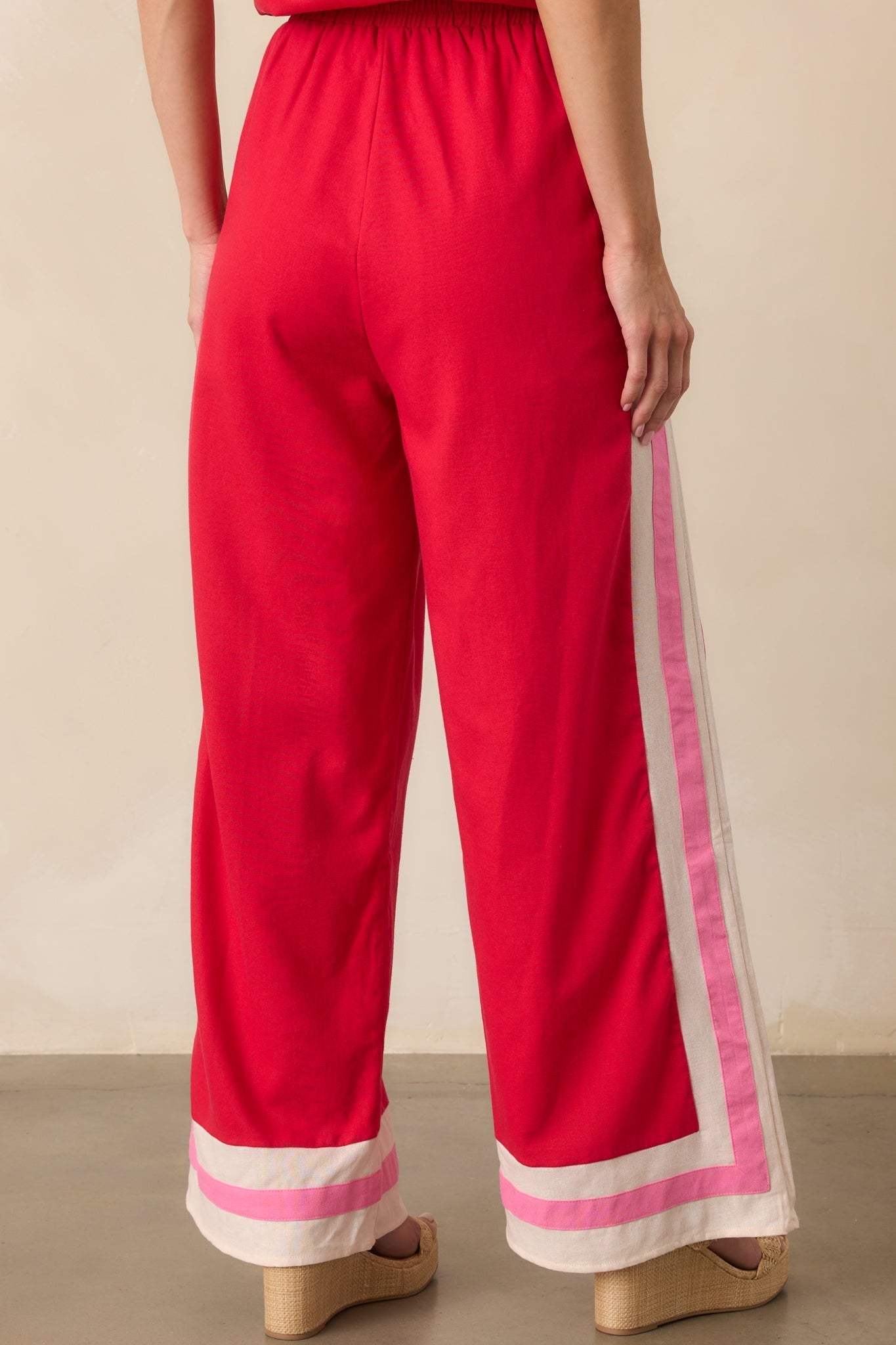 She Always Knows Red Contrast Trim Linen Blend Wide Leg Pants