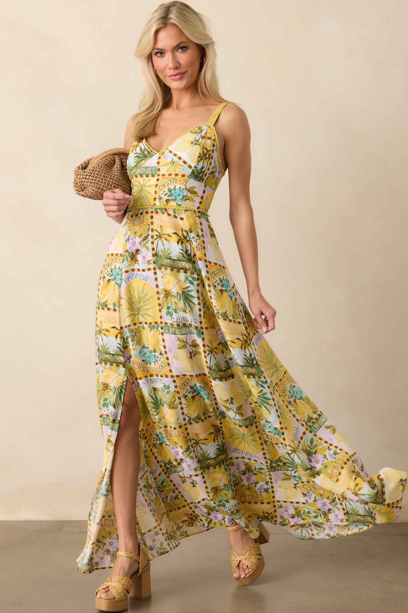One To Remember Yellow Tropical Print Linen Blend Maxi Dress