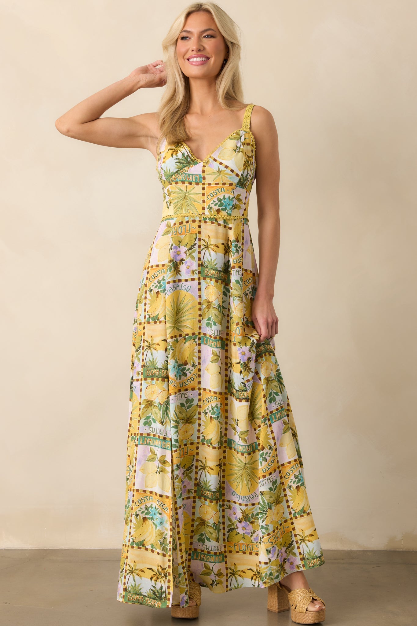 One To Remember Yellow Tropical Print Linen Blend Maxi Dress
