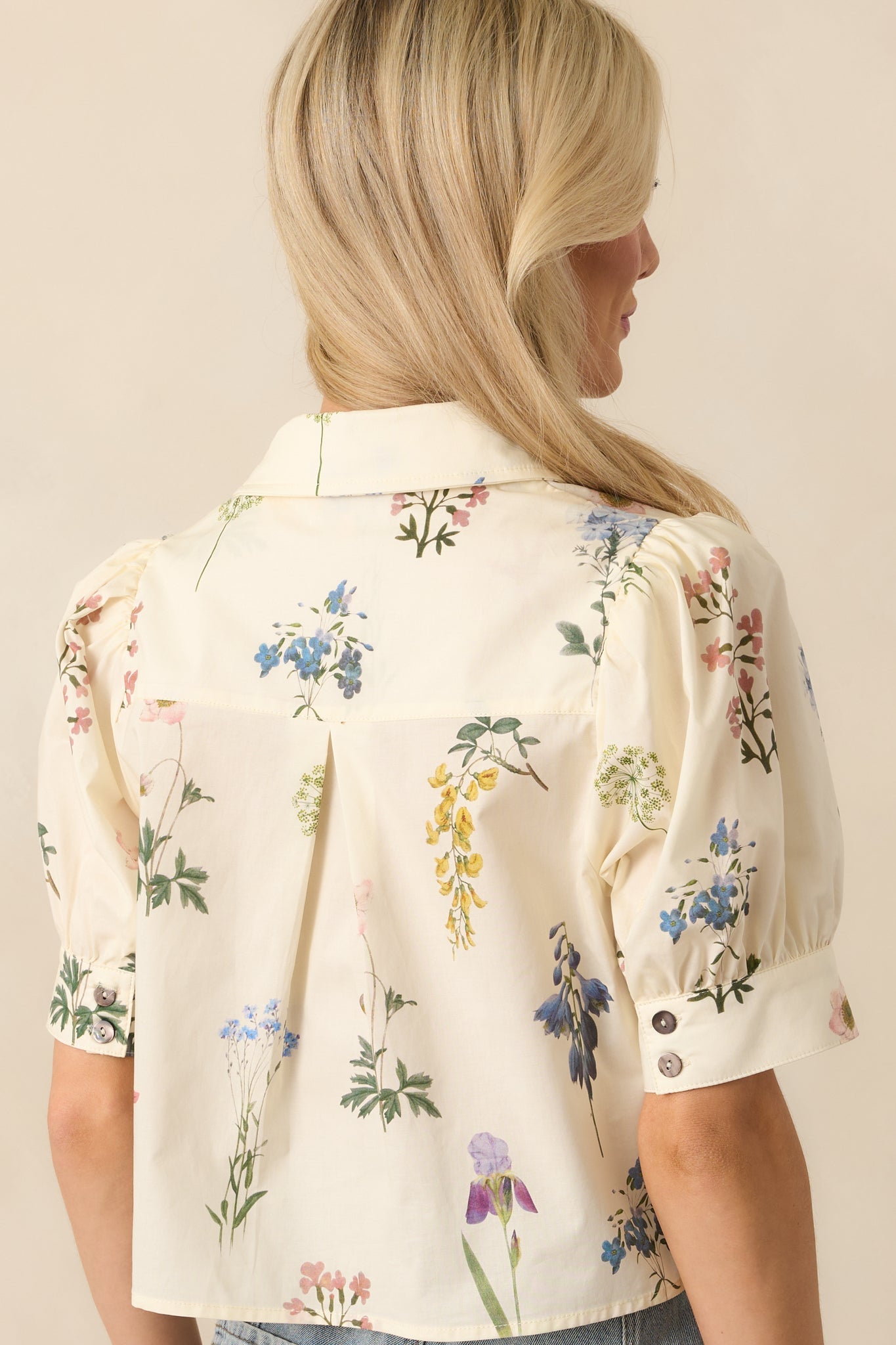 Found My Peace Ivory Floral Print Cotton Button Front Top