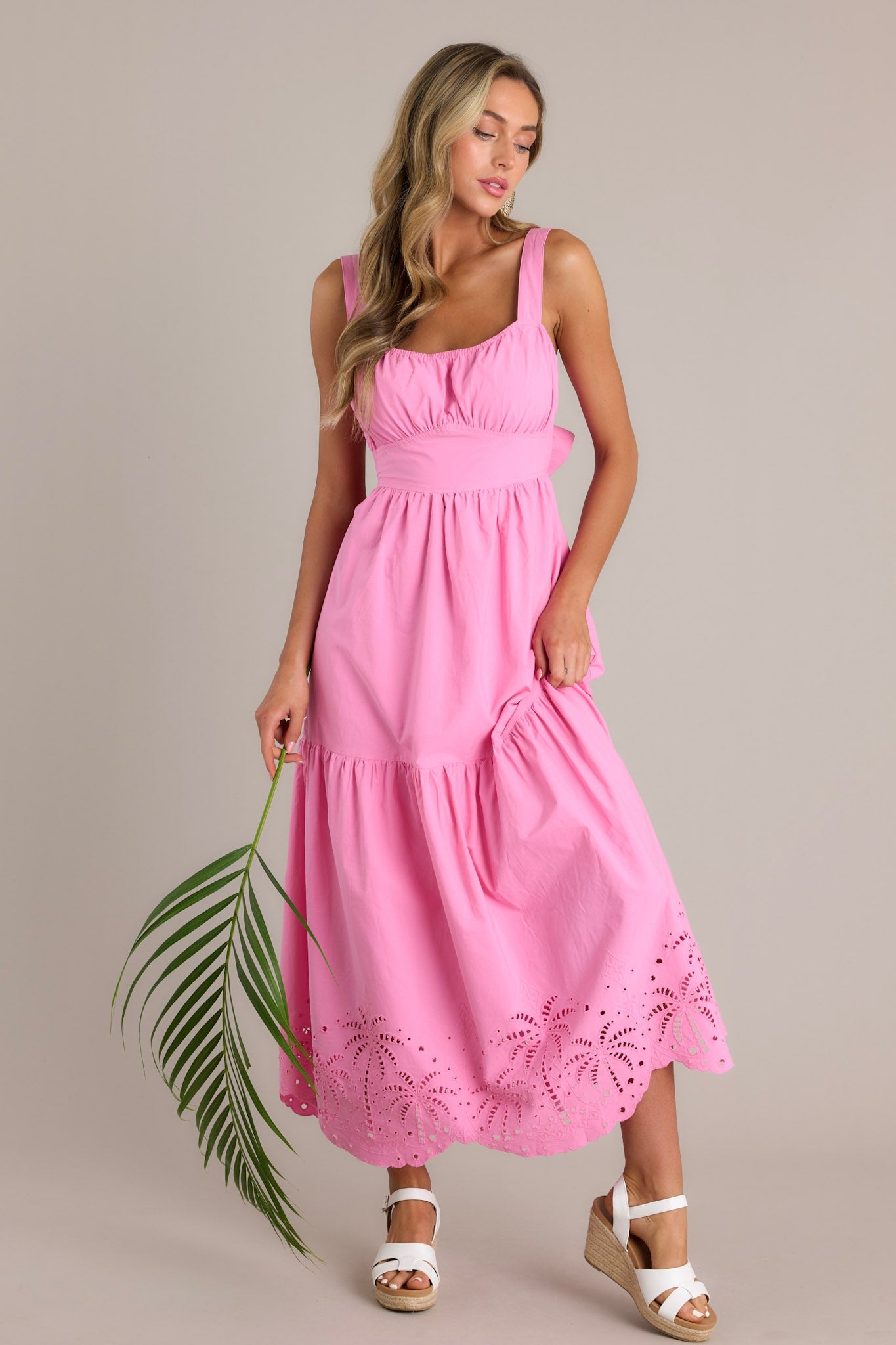 Garden Breeze 100% Cotton Pink Eyelet Midi Dress
