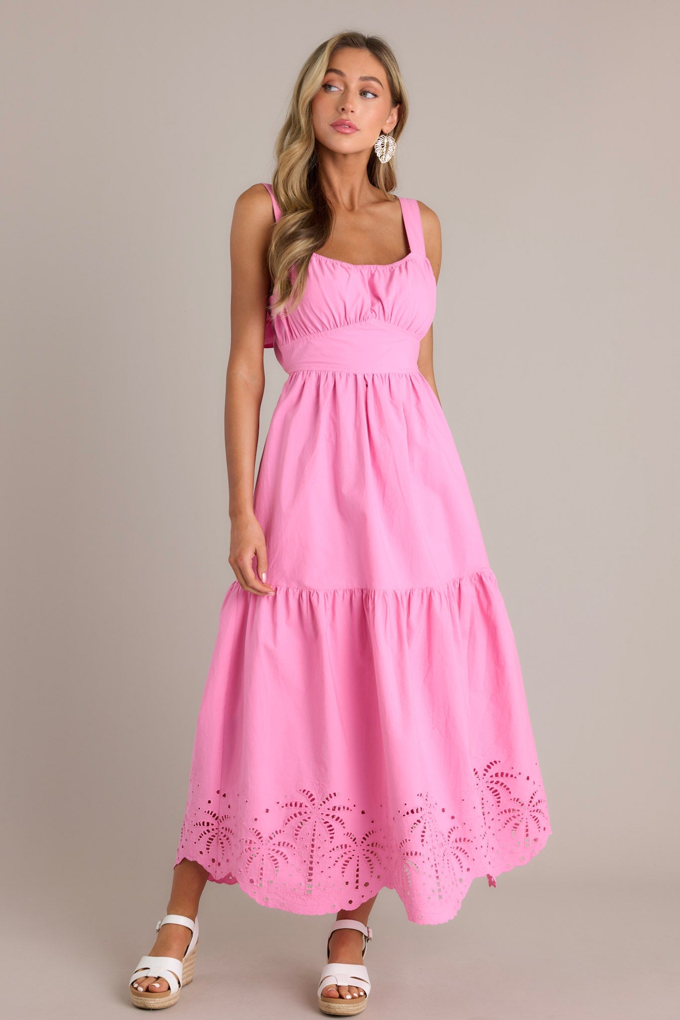 Garden Breeze 100% Cotton Pink Eyelet Midi Dress