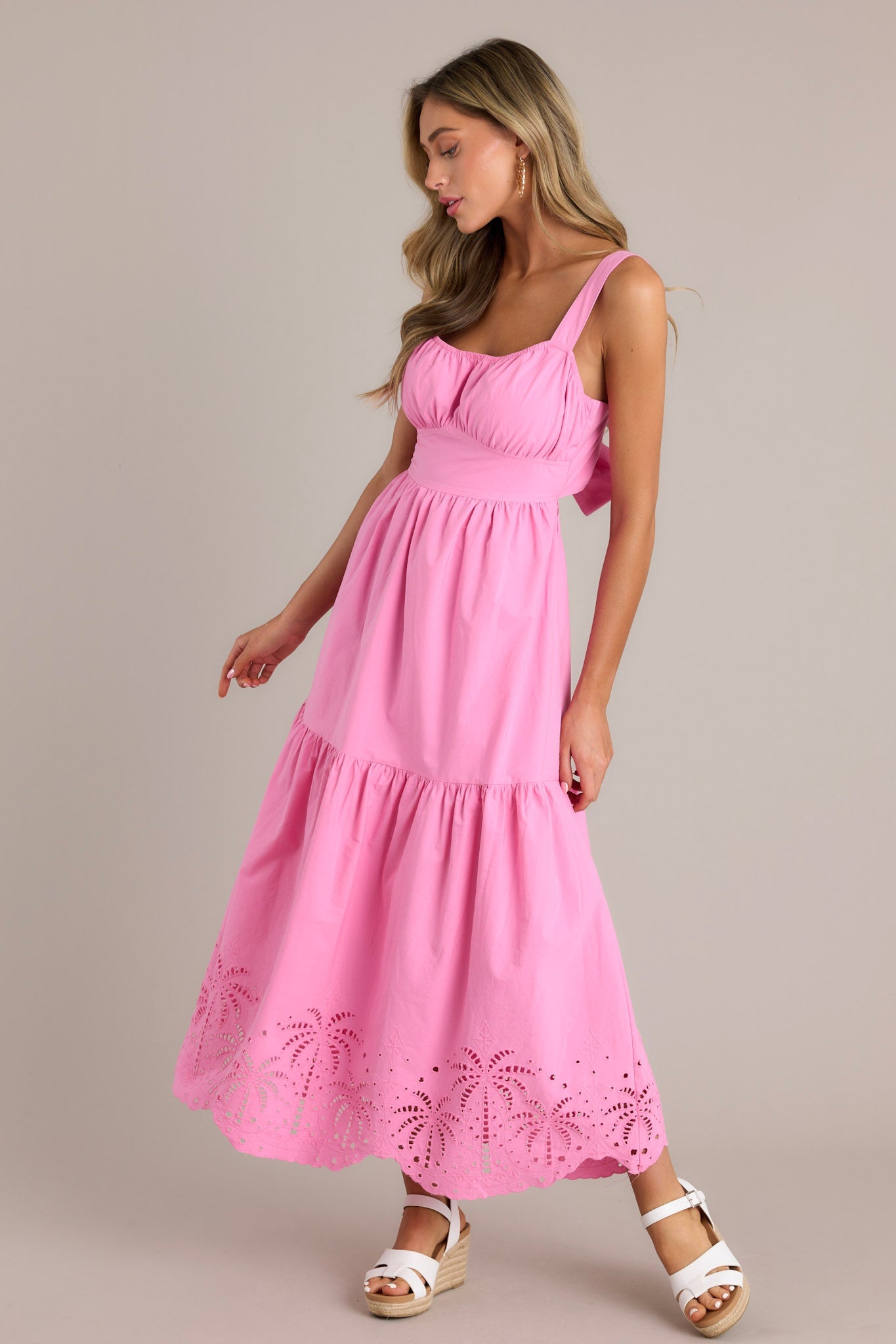 Garden Breeze 100% Cotton Pink Eyelet Midi Dress