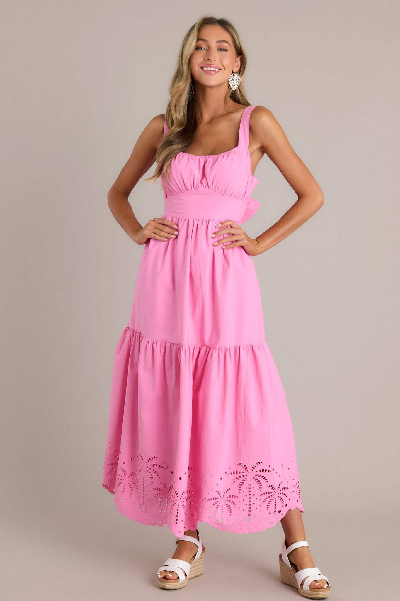 Garden Breeze 100% Cotton Pink Eyelet Midi Dress