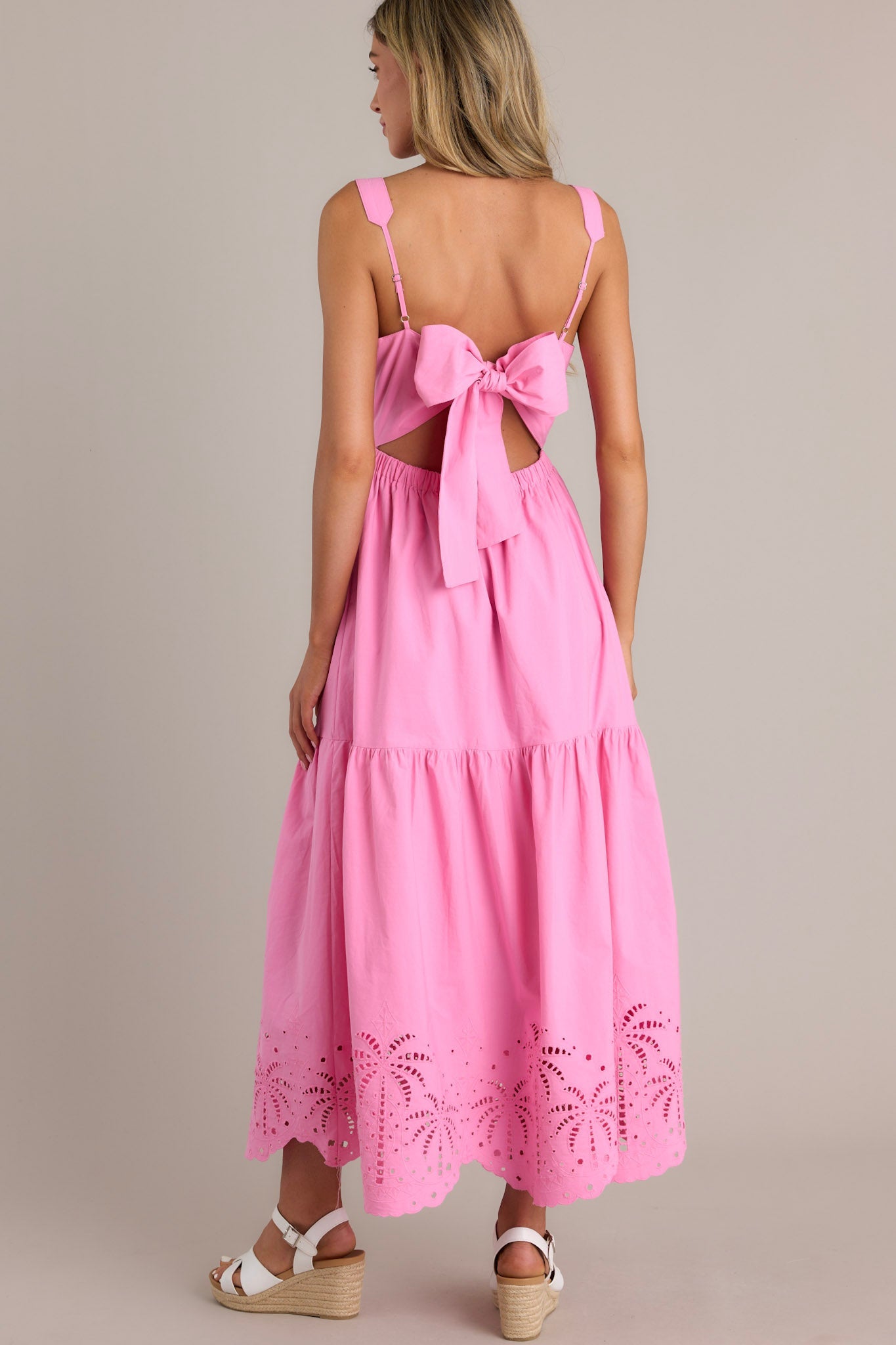 Garden Breeze 100% Cotton Pink Eyelet Midi Dress