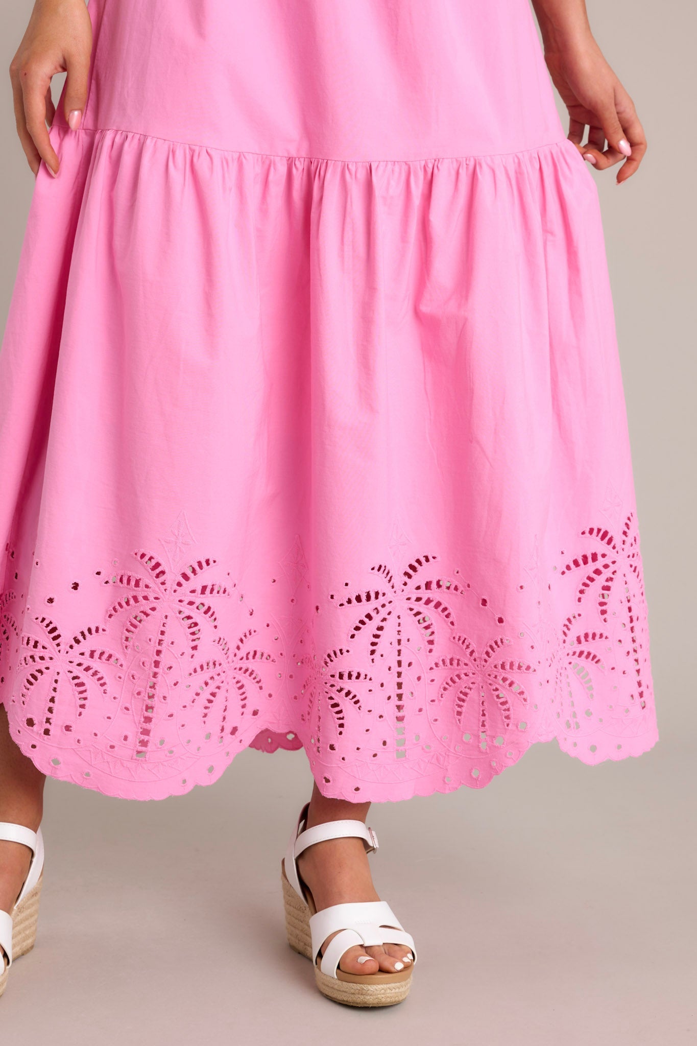 Garden Breeze 100% Cotton Pink Eyelet Midi Dress