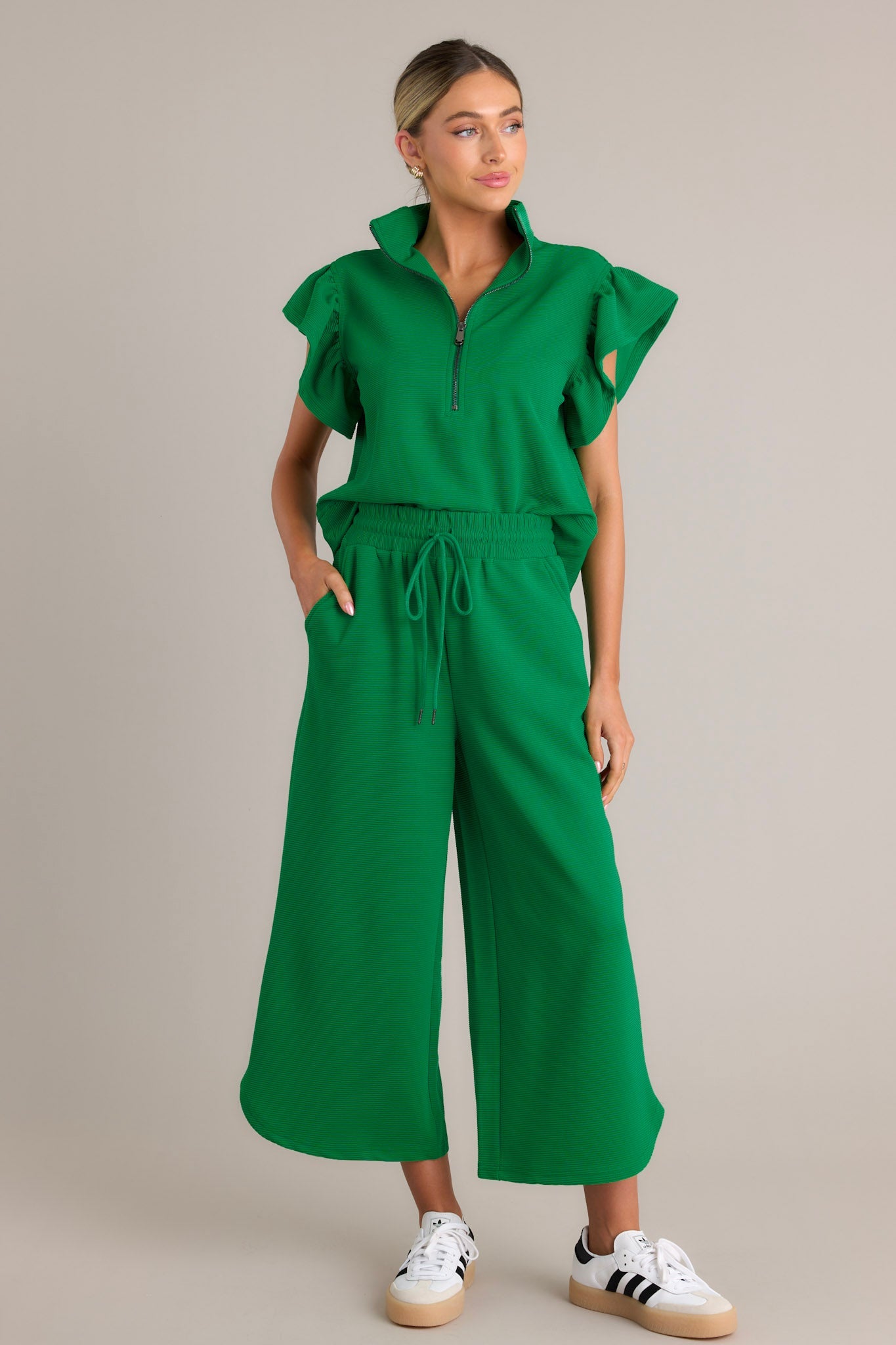 Honey Hug Green Ribbed Quarter Zip Top