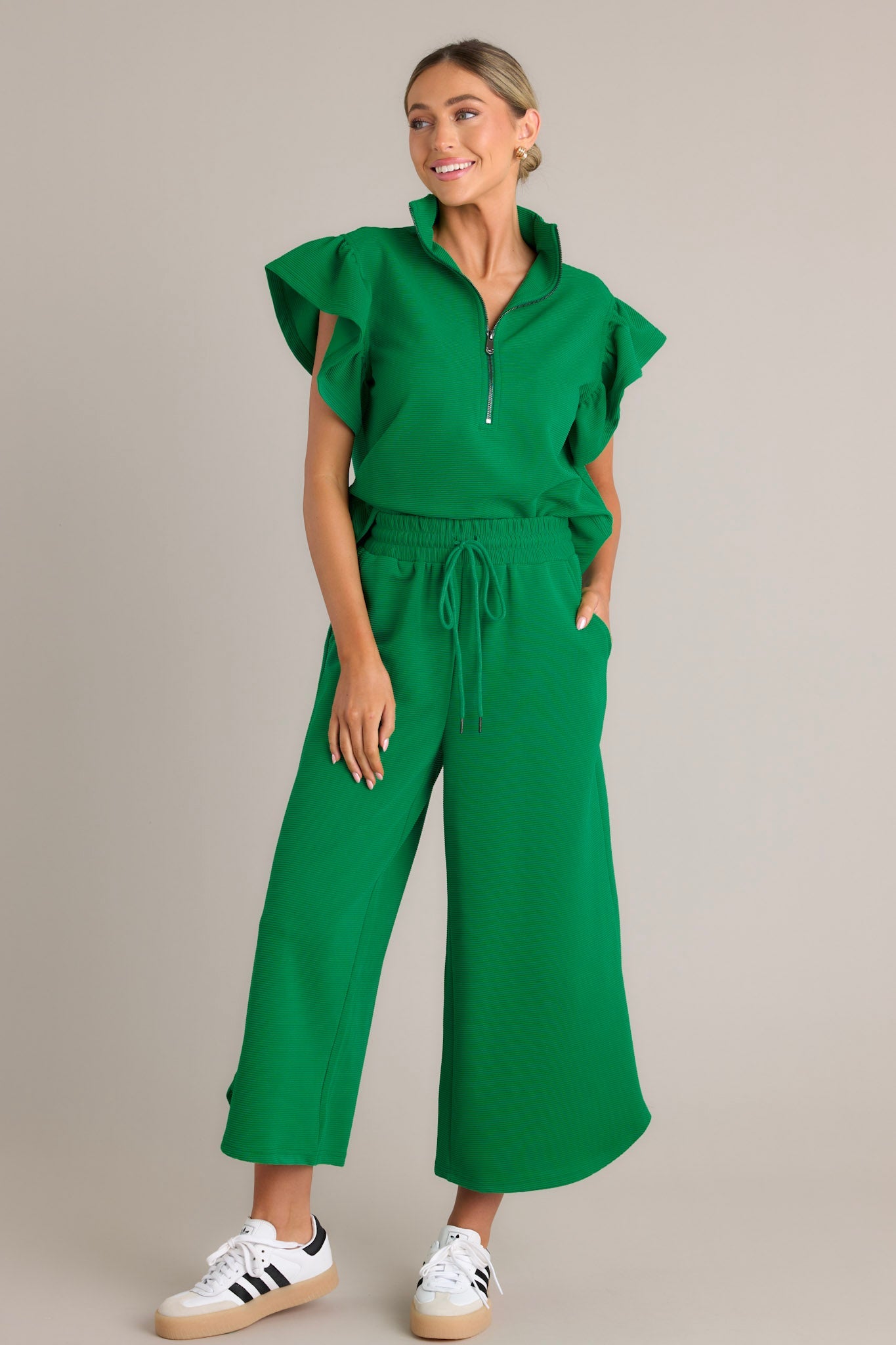 Honey Hug Green Ribbed Quarter Zip Top
