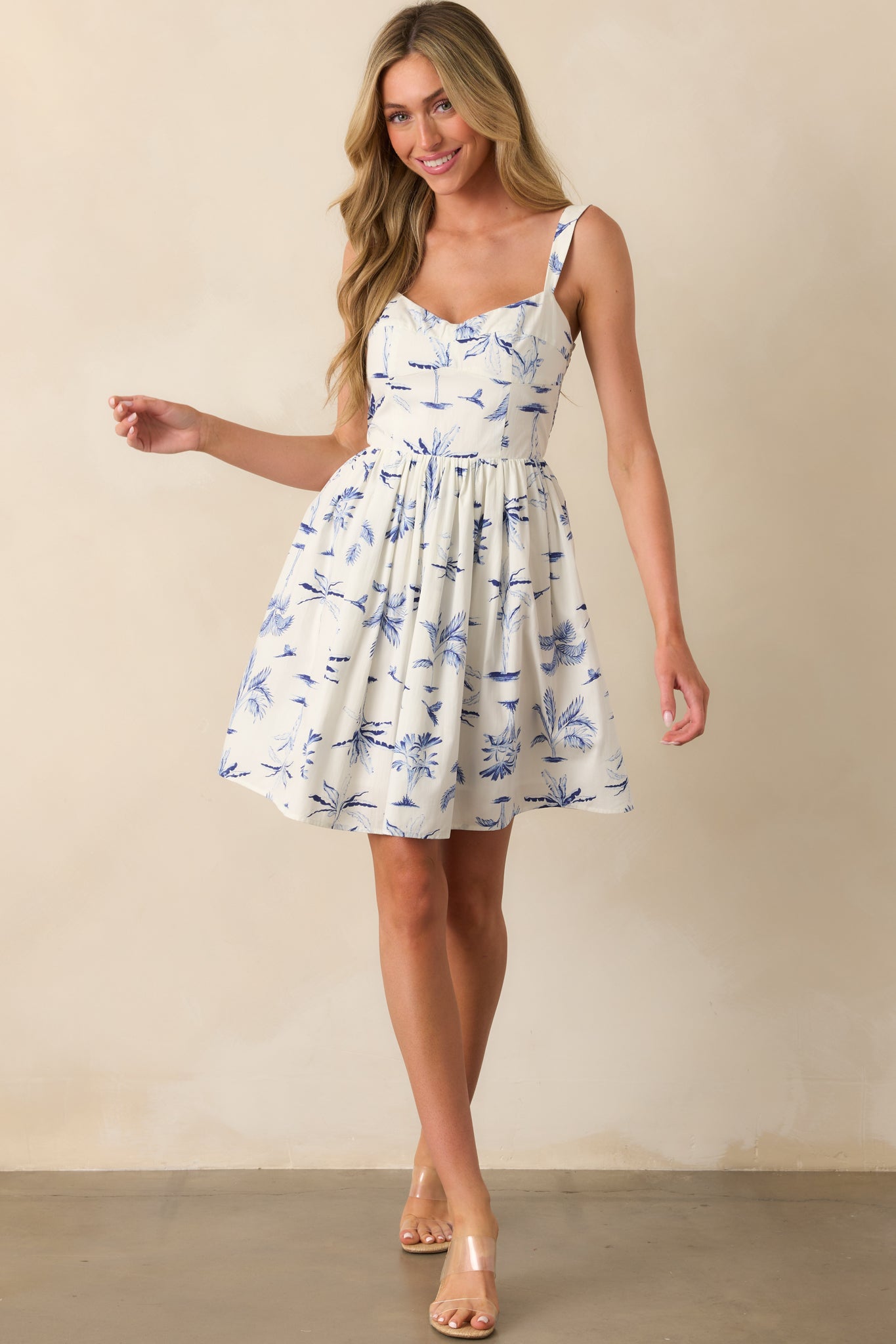 Where The Tide Takes Me Blue Palm Tree Print Cotton Mini Dress