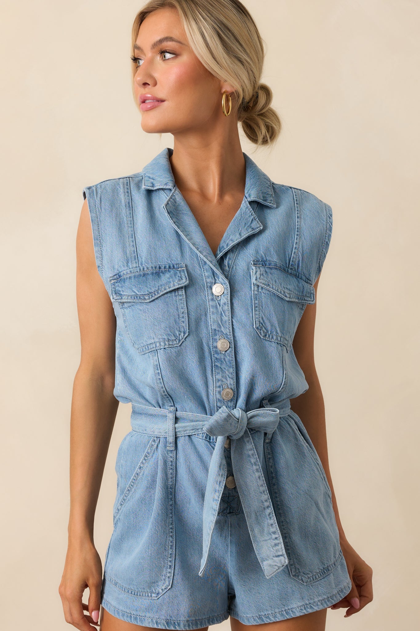 Z Supply Light Wash Cotton Dash Luxe Soft Denim Romper