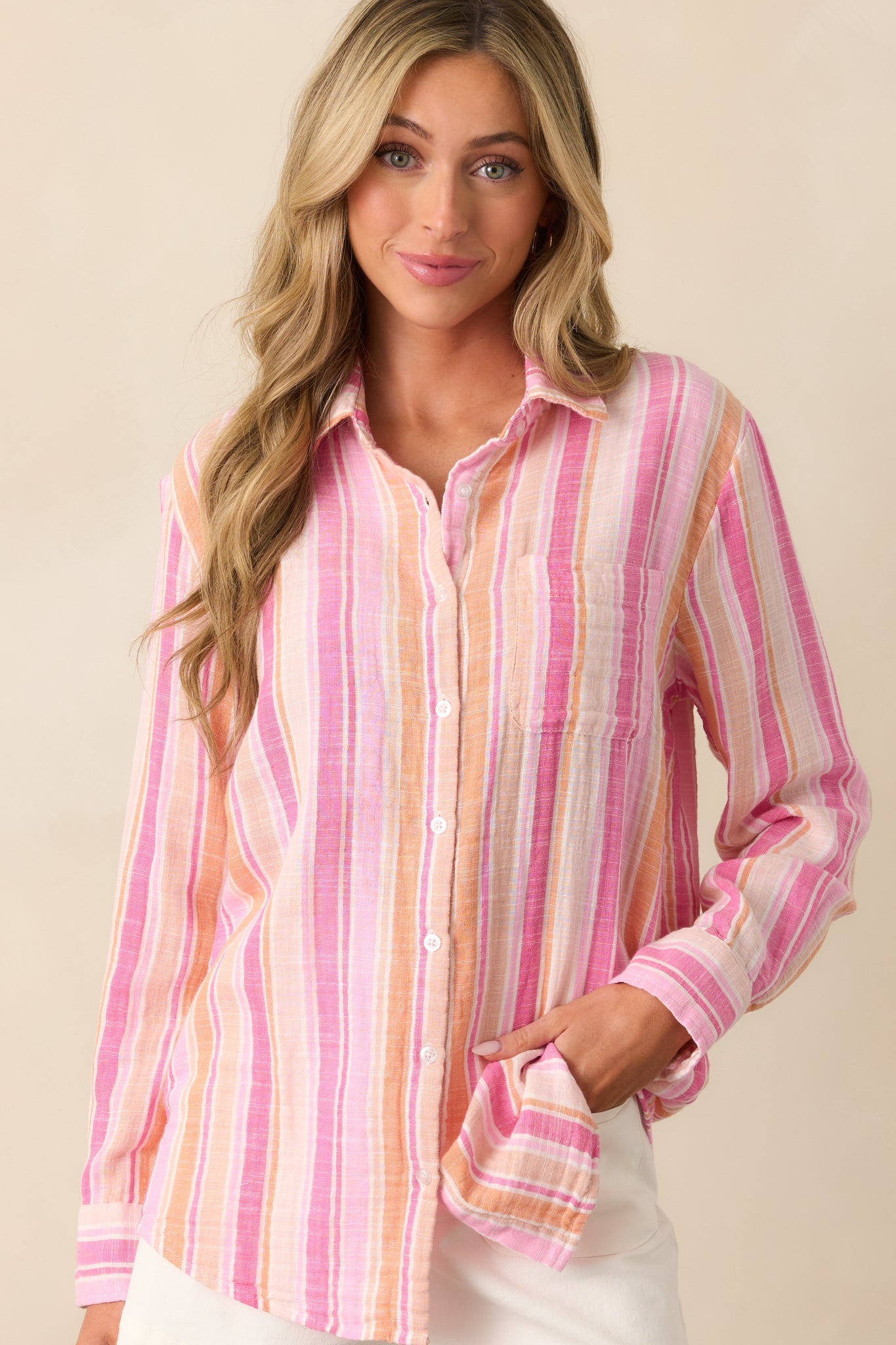 Z Supply Pink Cotton Saturdays Stripe Gauze Shirt