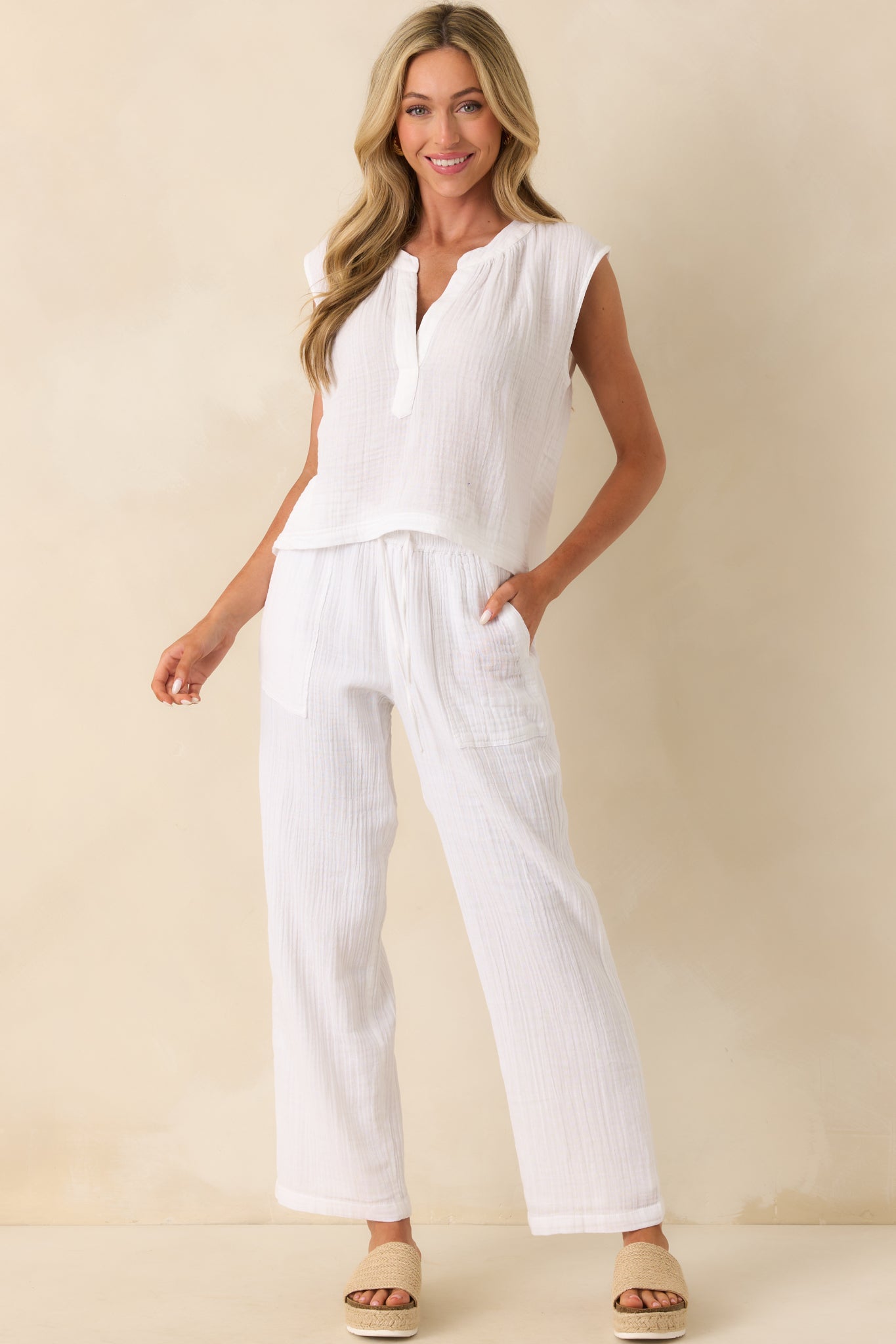 Z Supply White Cotton Plaza Airy Gauze Ankle Pants