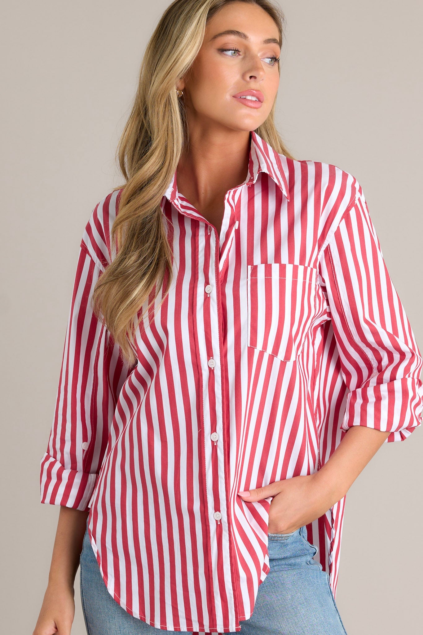 Your Go-To Red Stripe Button Front Top