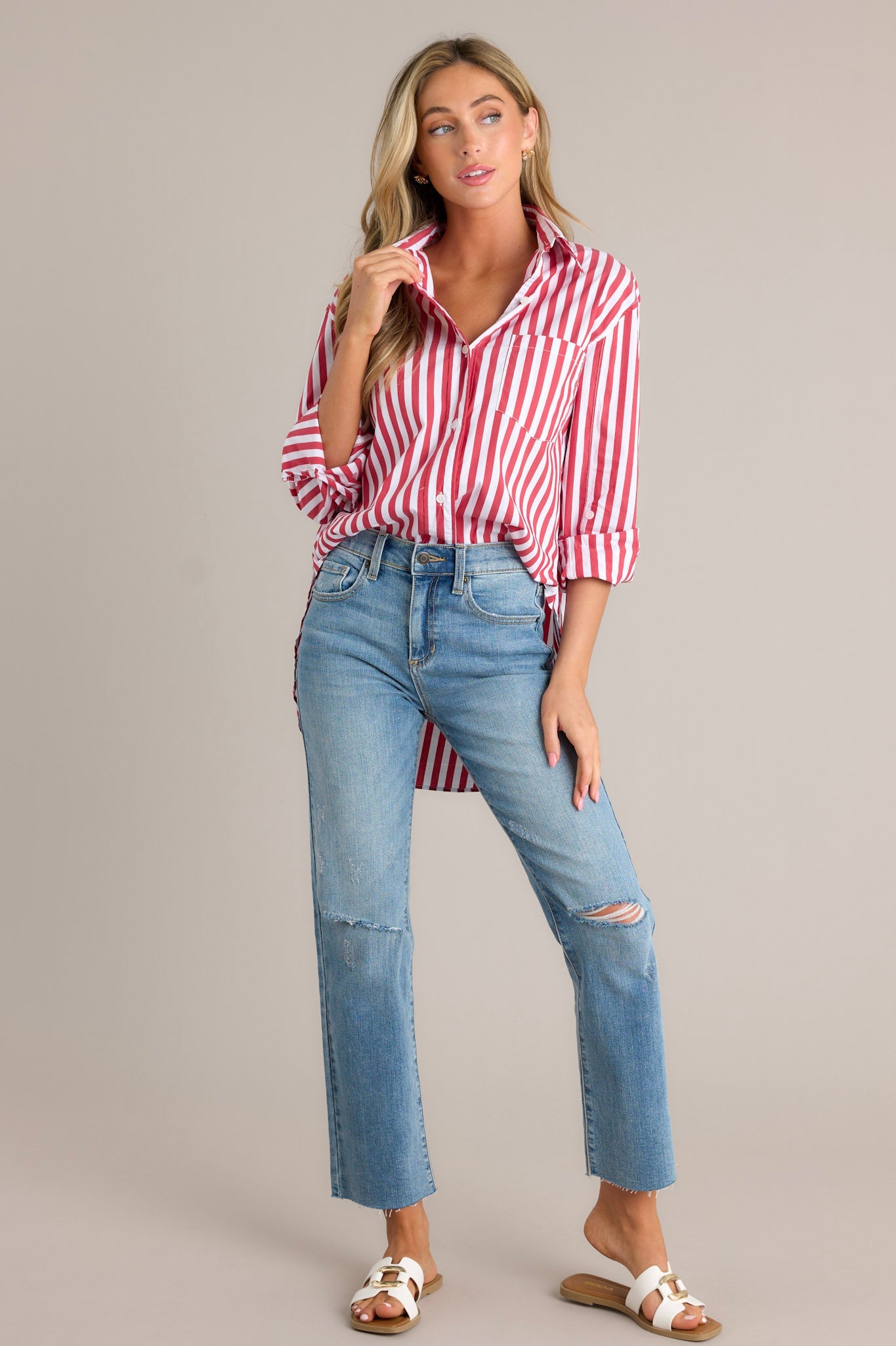 Your Go-To Red Stripe Button Front Top