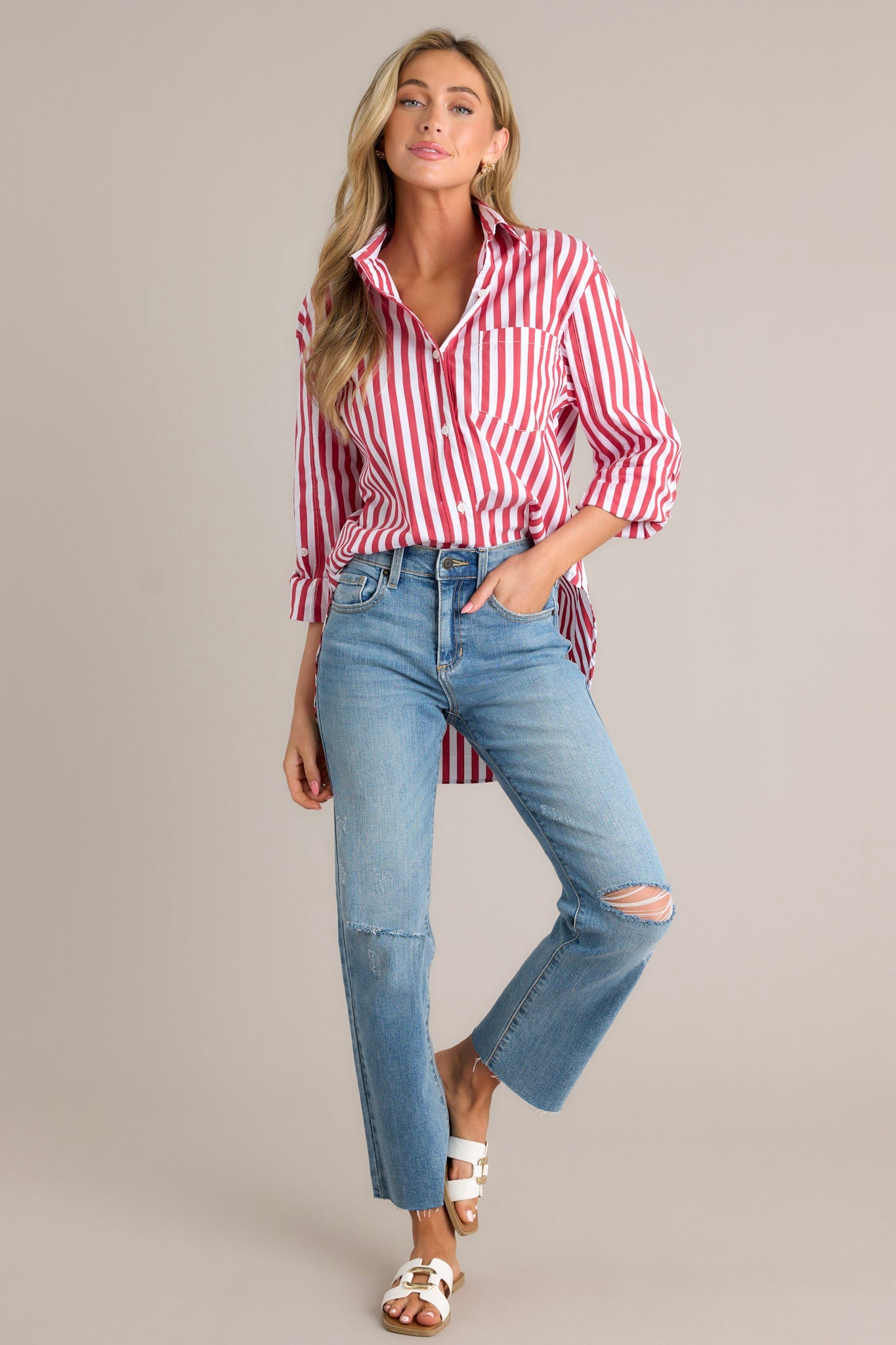 Your Go-To Red Stripe Button Front Top