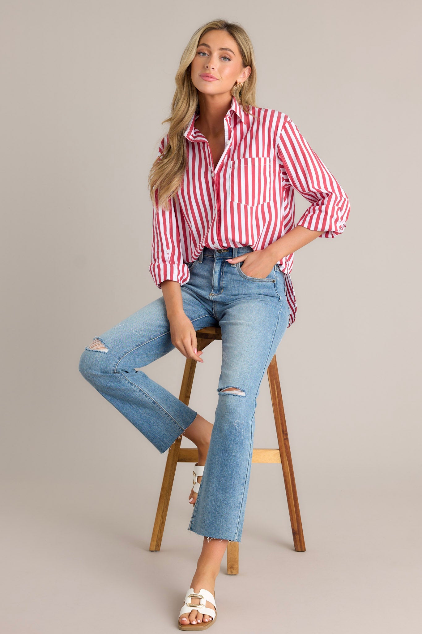 Your Go-To Red Stripe Button Front Top