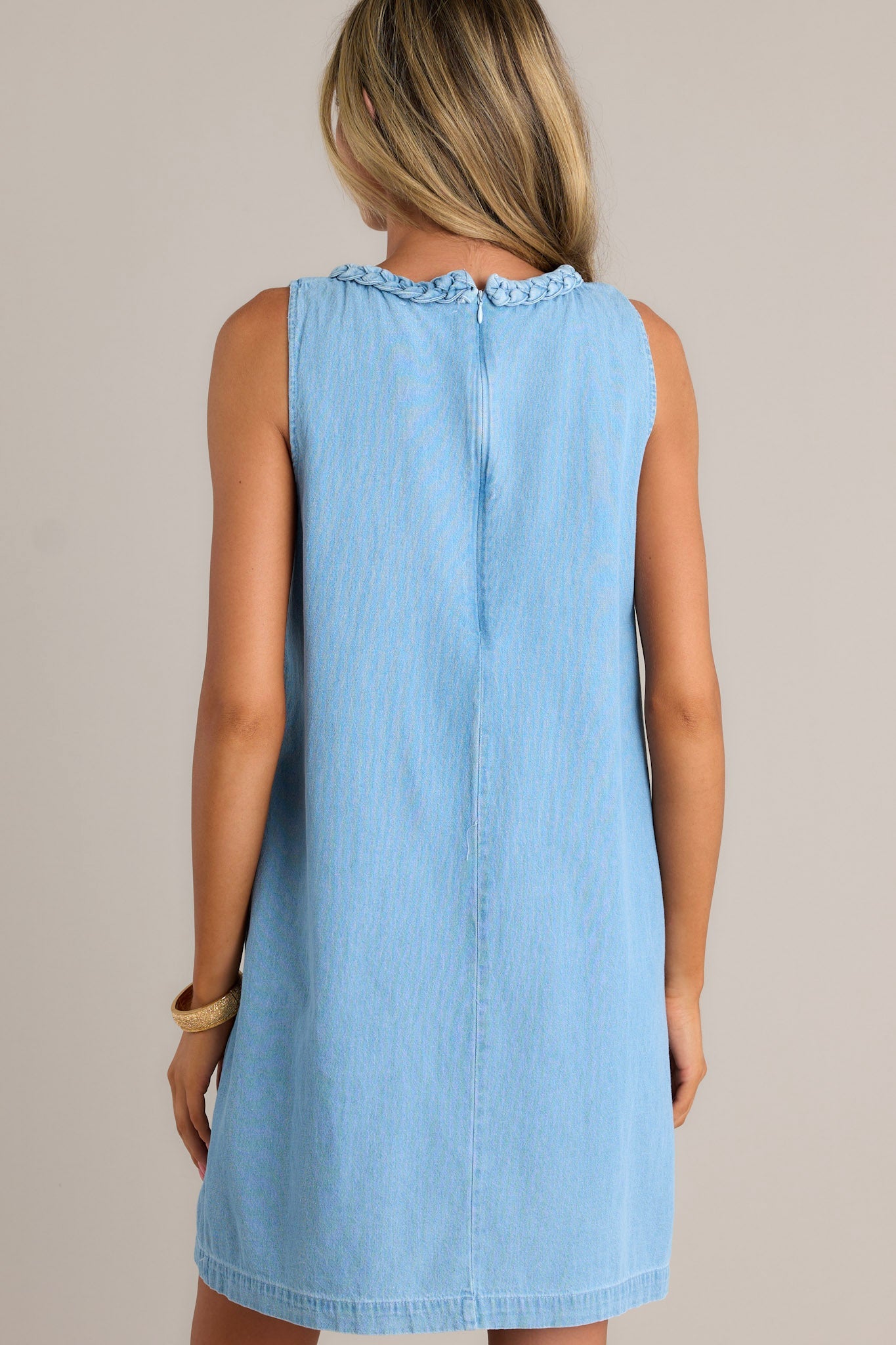 Chic Charm 100% Cotton Light Blue Chambray Mini Dress