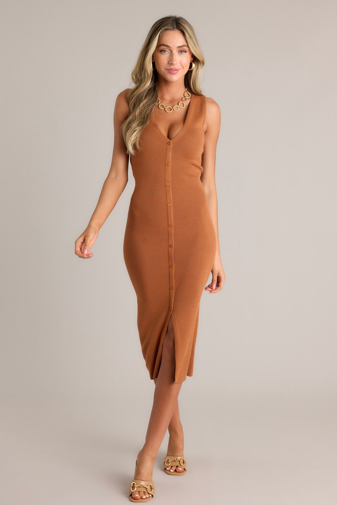 Ethereal Charm Brown Bodycon Midi Dress