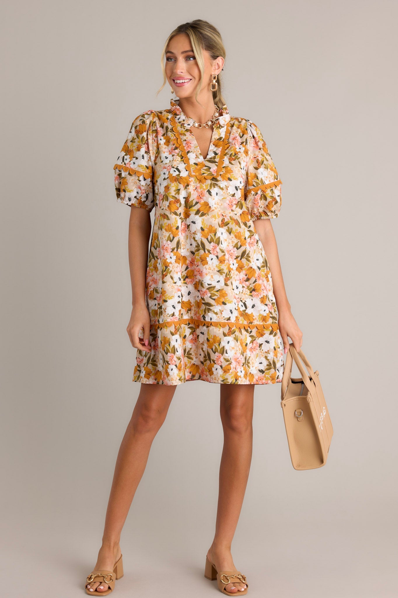 Blissful Treasure 100% Cotton Honey Yellow Floral Mini Dress
