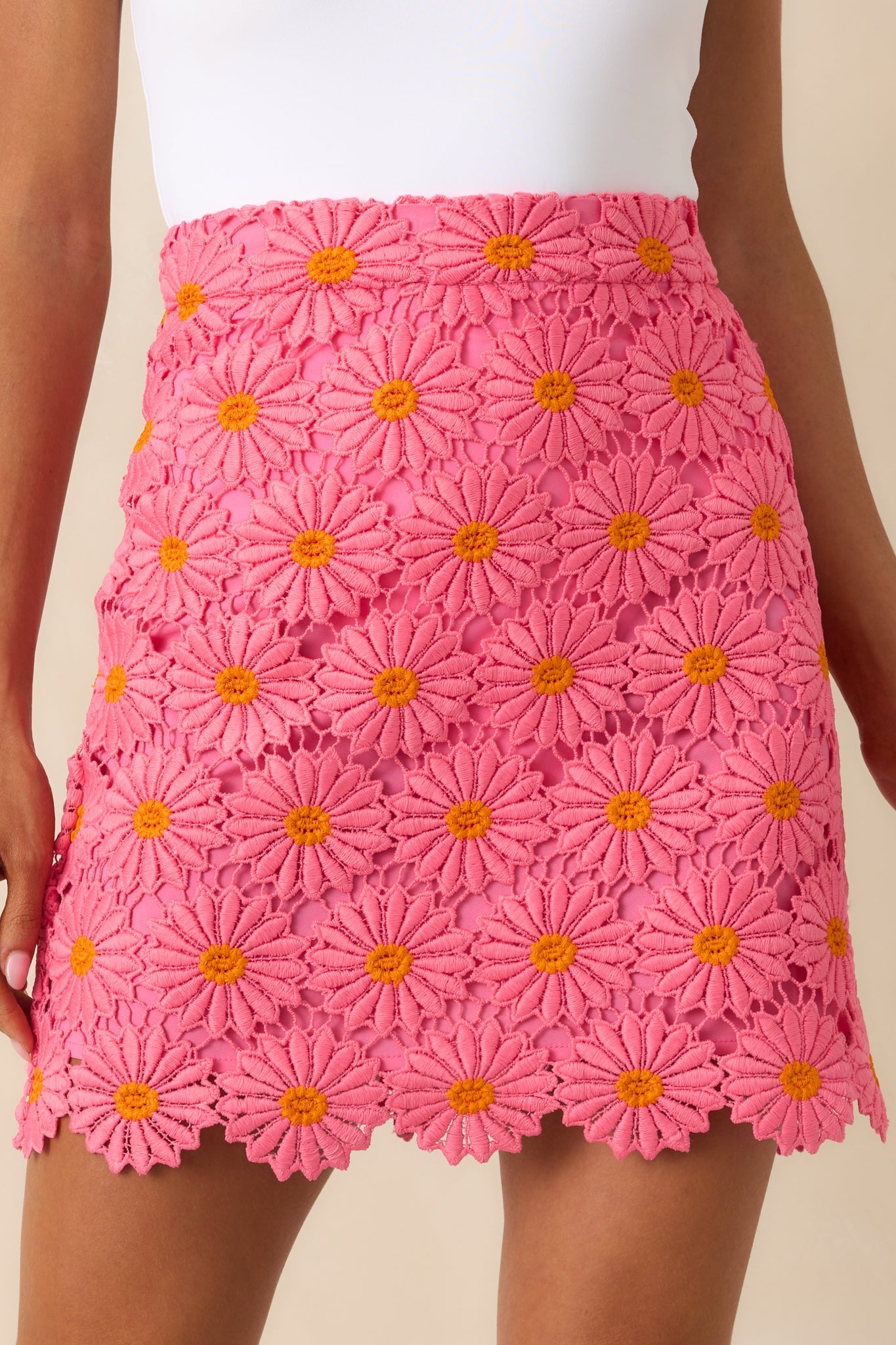 Naturally Poised Hot Pink Floral Embroidered Lace Mini Skirt