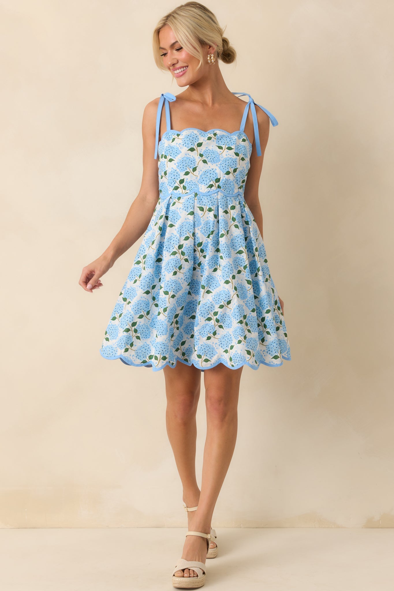 In Her Own World Blue Hydrangea Floral Print Cotton Mini Dress