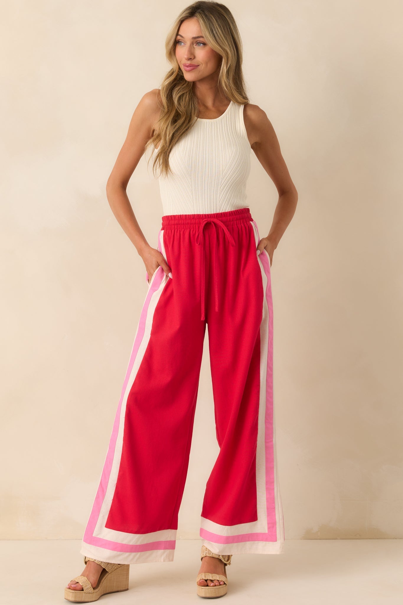 She Always Knows Red Contrast Trim Linen Blend Wide Leg Pants