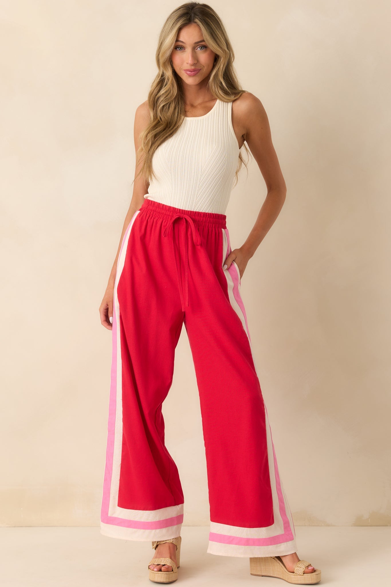 She Always Knows Red Contrast Trim Linen Blend Wide Leg Pants