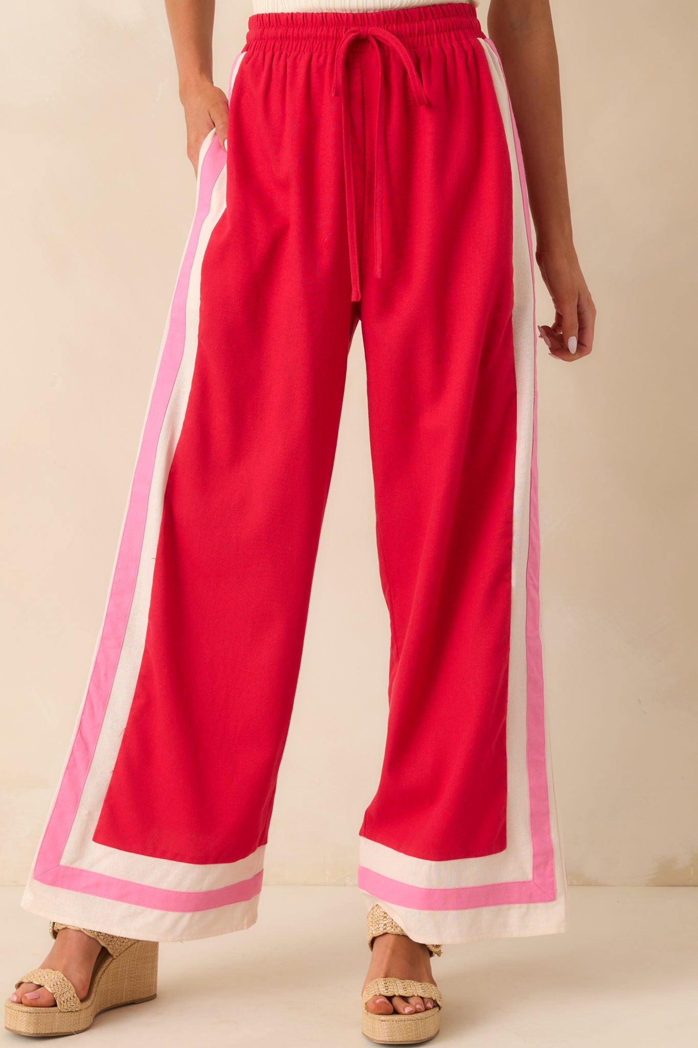 She Always Knows Red Contrast Trim Linen Blend Wide Leg Pants
