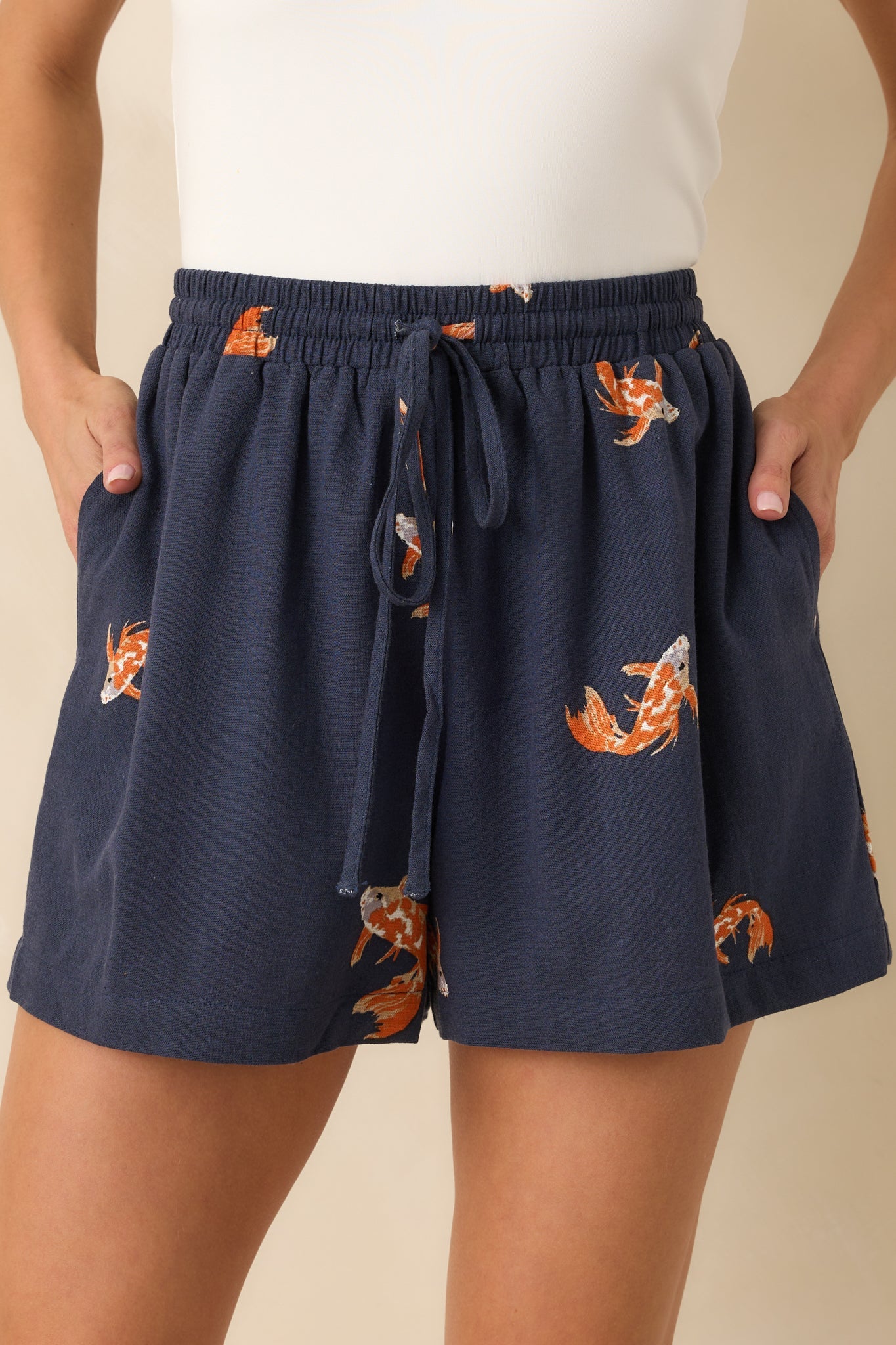 Within Reach Navy Koi Fish Print Linen Blend Drawstring Shorts
