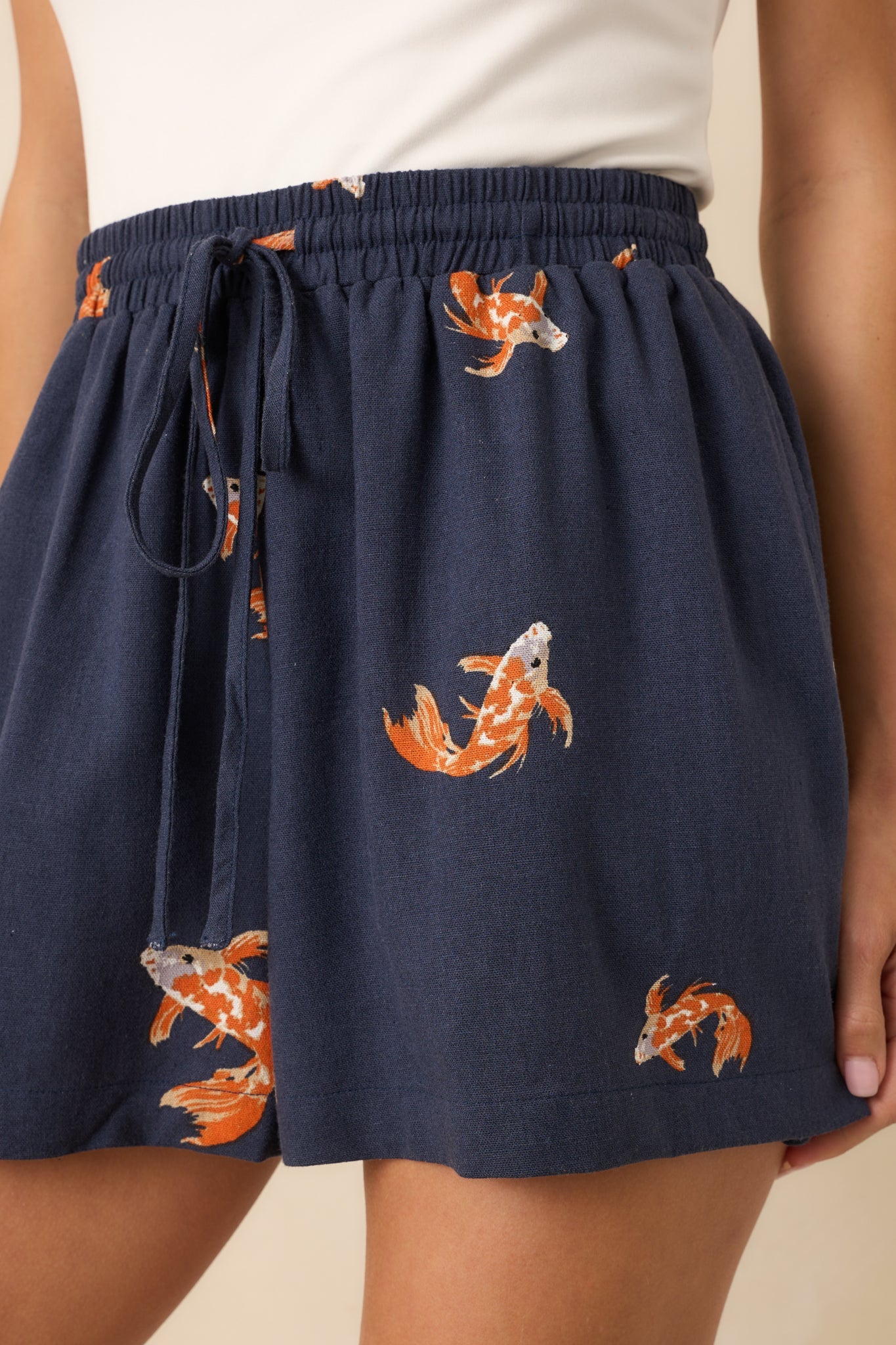 Within Reach Navy Koi Fish Print Linen Blend Drawstring Shorts
